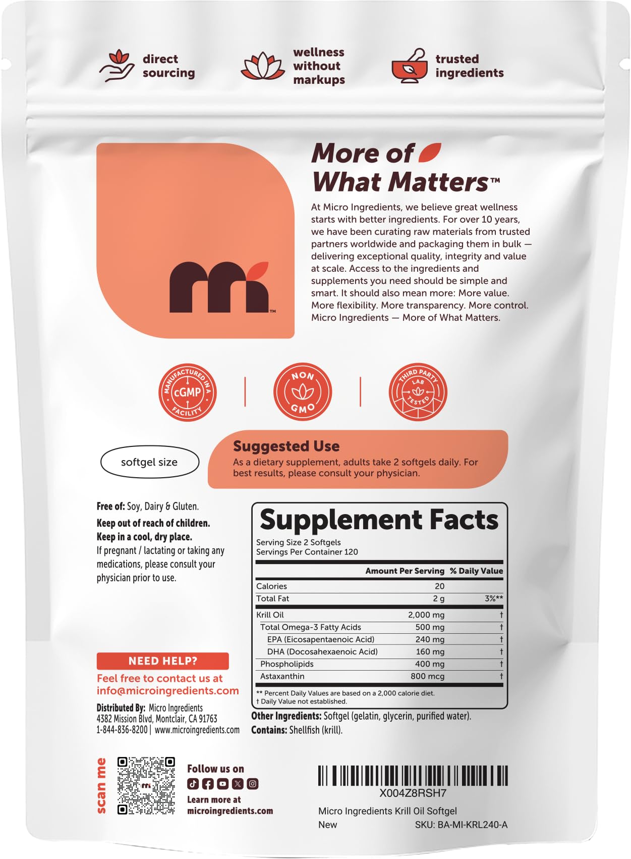 Micro Ingredients Antarctic Krill Oil Supplement 2,000mg Per Serving, 240 Softgels | Omega-3 EPA & DHA with Phospholipids & Natural Astaxanthin | No Fishy Aftertaste | Non-GMO, Gluten Free