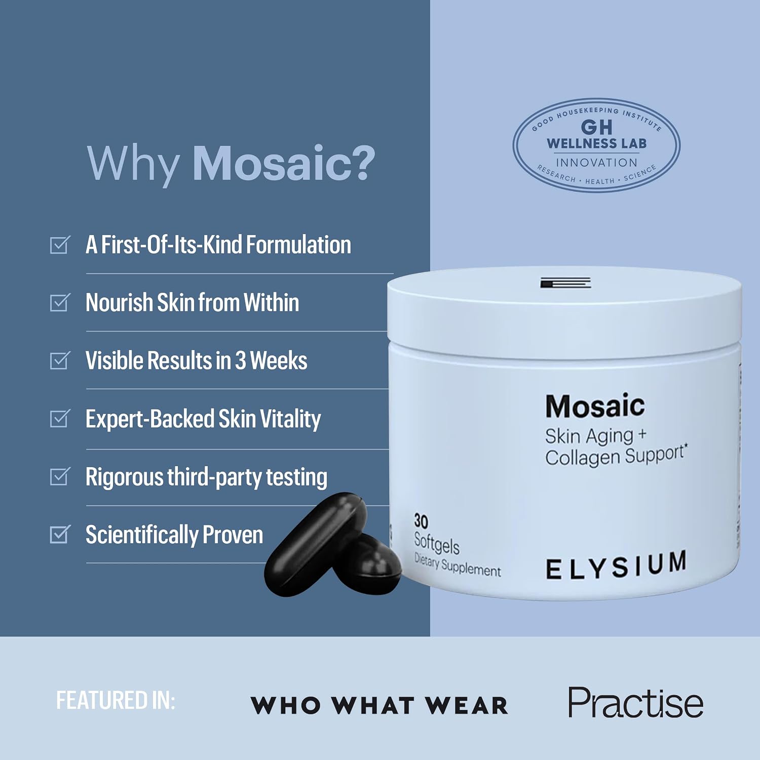 ELYSIUM Mosaic – Hyaluronic Acid & Collagen Supplement – Clinically Proven to Hydrate Skin & Reduce Fine Lines – Fights Visible Signs of Aging – 30-Day Softgel Supply