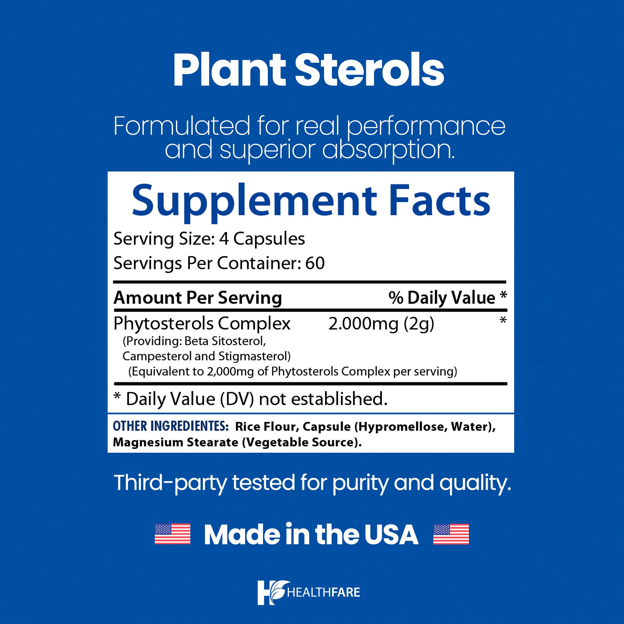 Healthfare Plant Sterols Capsules 2000mg | 240 Vegan Capsules | Beta Sitosterol & Phytosterol Complex | Plant-Based Supplement | Non-GMO & Gluten-Free | Made in the USA HealthfareBuy Supplements Australia
