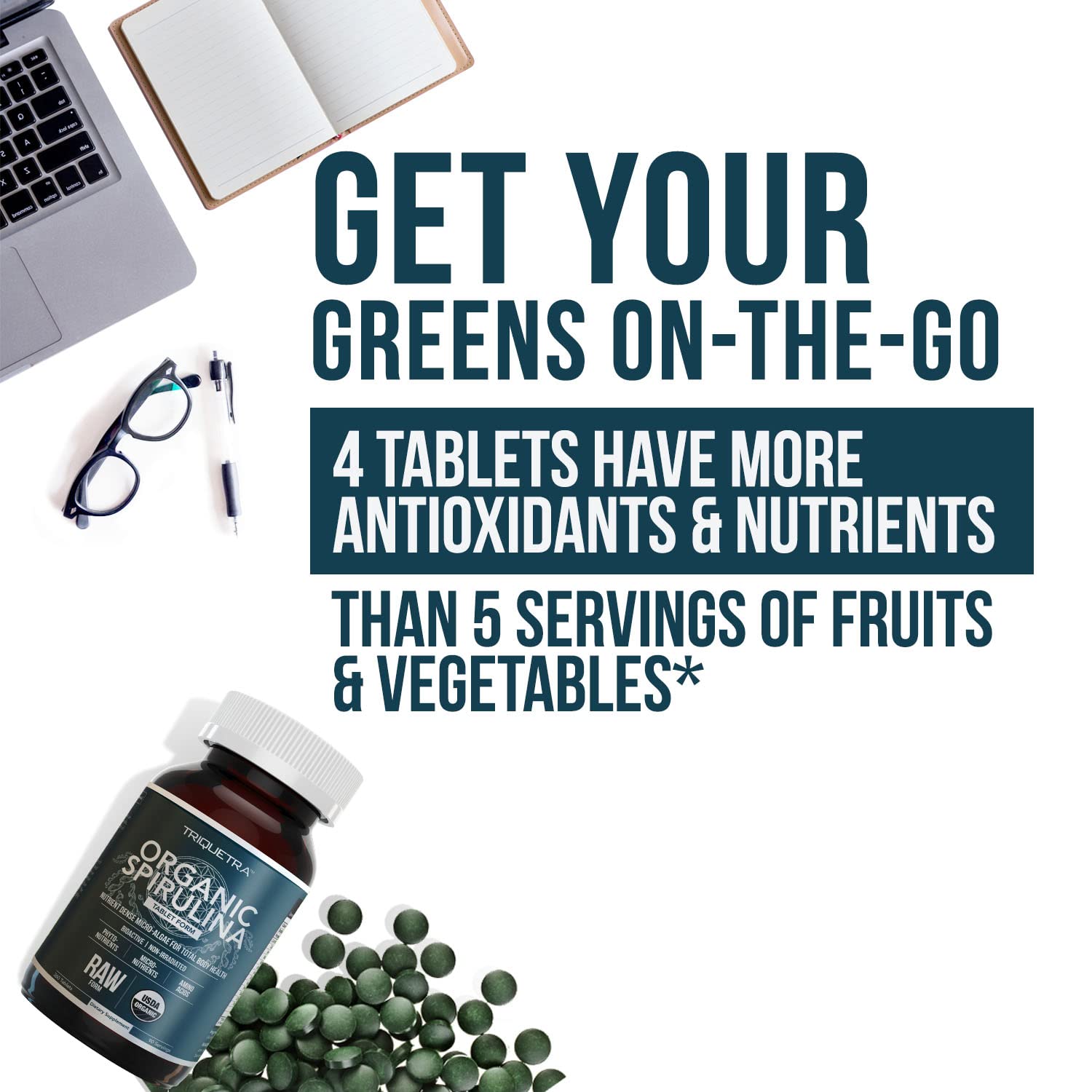 Organic Spirulina Tablets (360 Tablets) - Made with Parry® Spirulina, The Best Spirulina in the World, Highest Nutrient Density - Non-Irradiated, 3 Organic Certifications (90 Servings)
