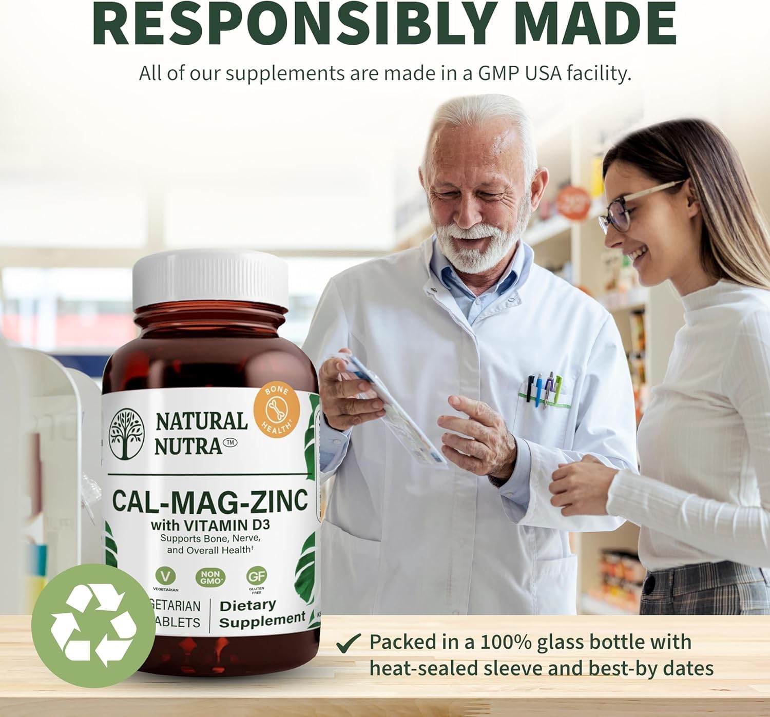 Natural Nutra Calcium Magnesium Zinc (Cal-Mag Zinc) with Vitamin D3,100 | Bone, Teeth, Muscle & Nerve Support, Gluten Free, Sugar Free