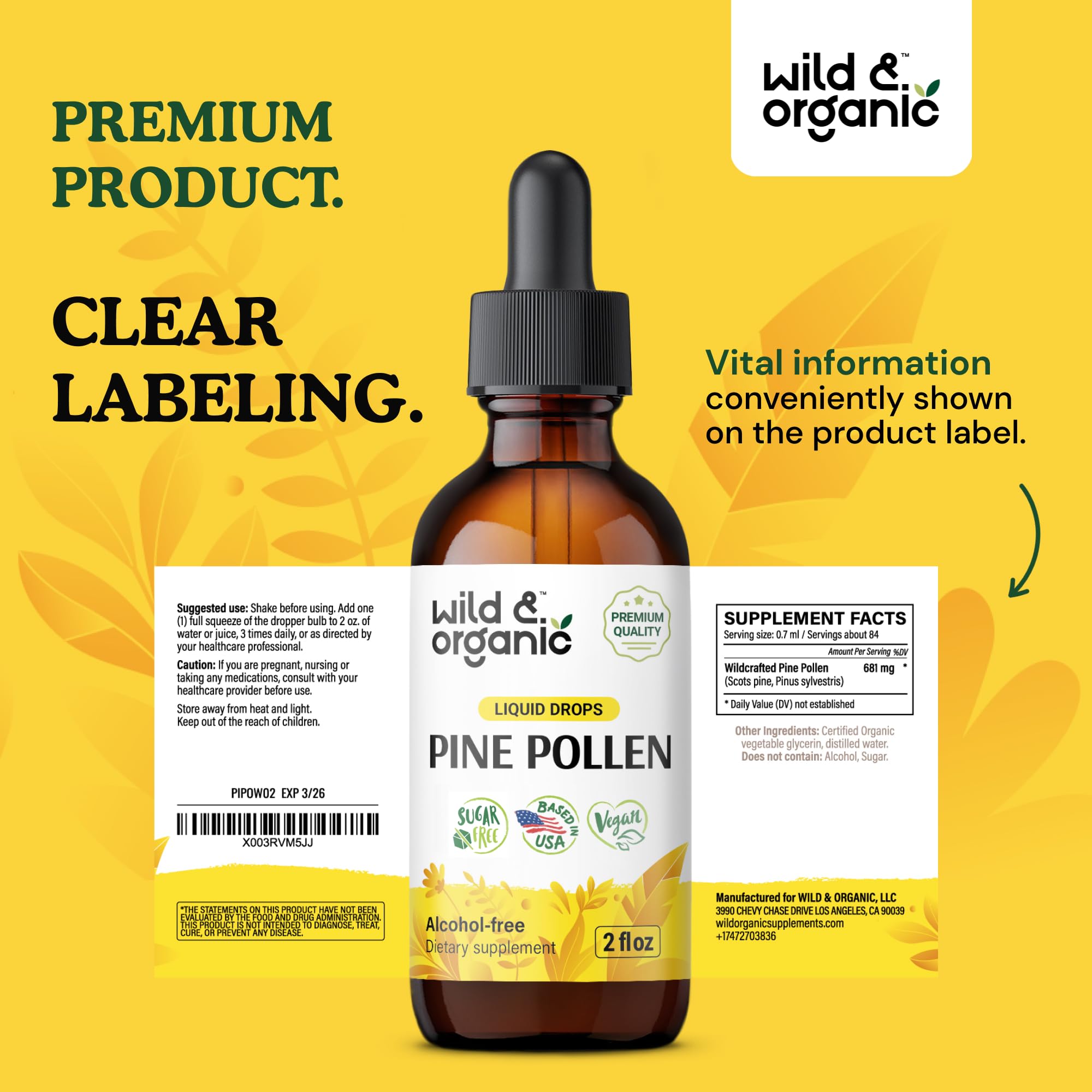 Wild & Organic Pine Pollen Tincture - Pine Pollen for Men & Women - Add to Tea & Drink - Pure Pinus Massoniana Extract Drops - Vegan, Sugar & Alcohol-Free Liquid Supplement - 4 fl oz