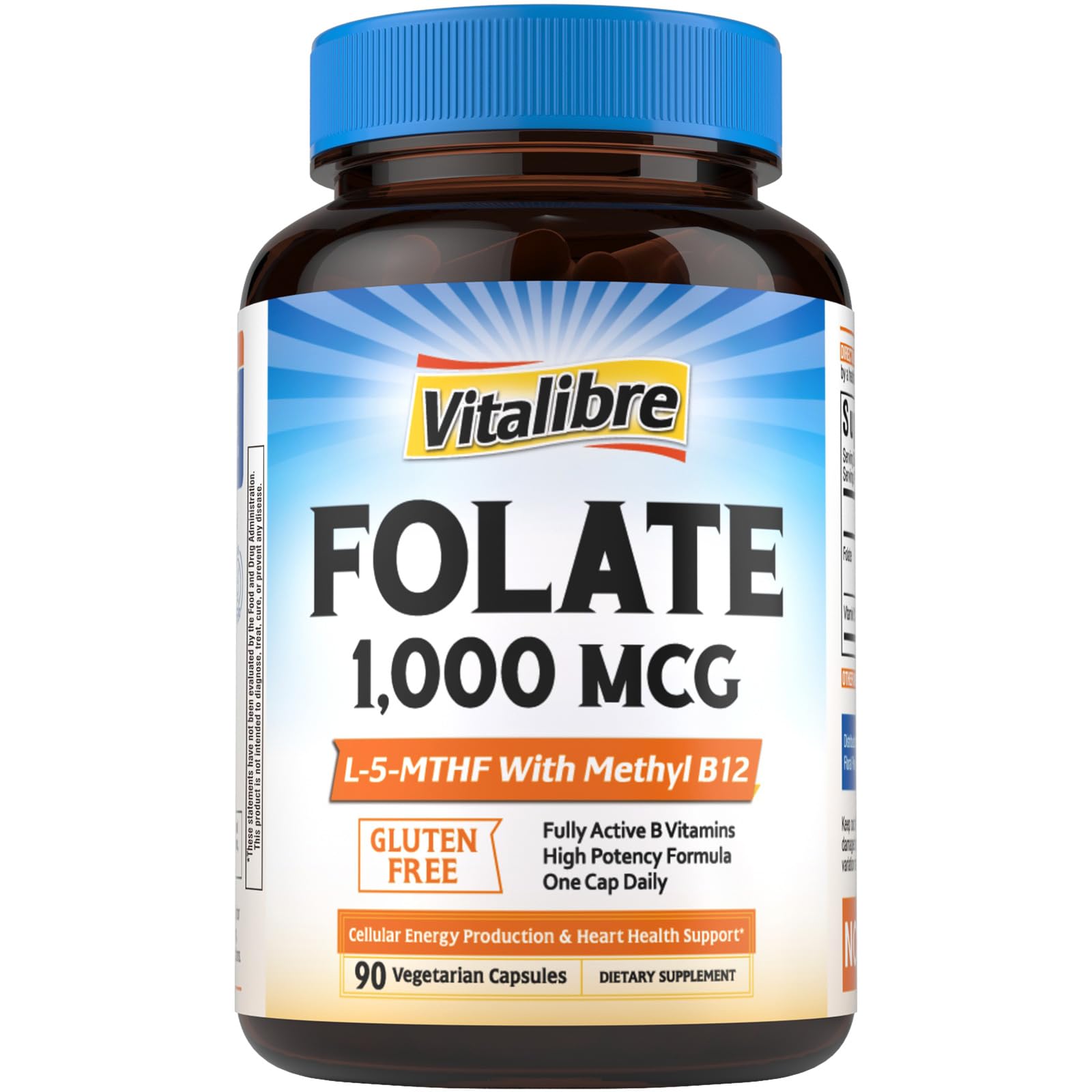 Vitalibre Methyl Folate 1000 mcg, L-5-MTHF with Methylcobalamin B12, Heart & Blood Health, Healthy Nervous System, Energy Support, Vegan, Bioactive Form, Best Absorption, 60 Capsules