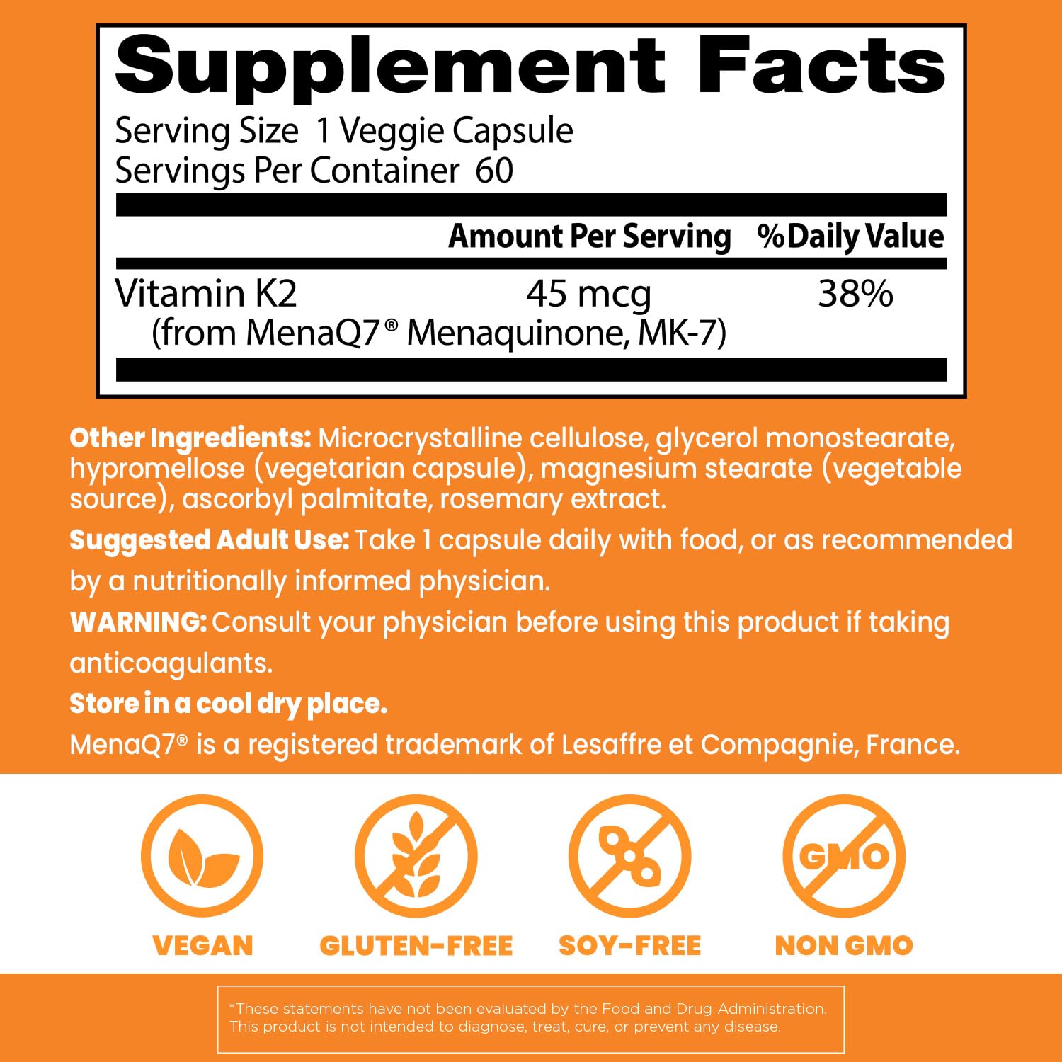 Doctor's Best Natural Vitamin K2 MK7 Supplement for Men & Women - Bone Health Support, 45 mcg Vitamin K-2 MK-7 Capsules with MenaQ7, Calcium Support, Non GMO, Vegan - 60 Veg Caps