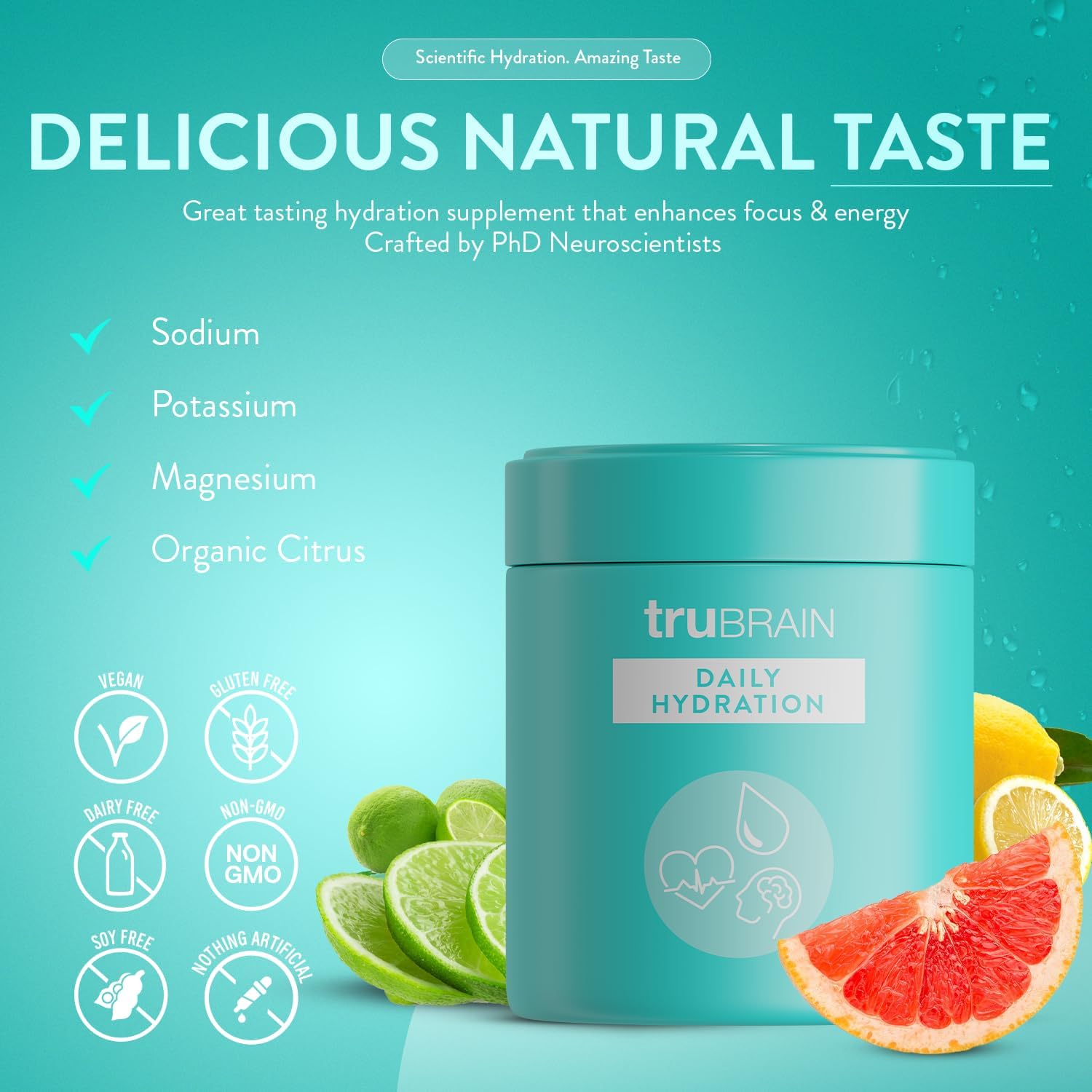 TruBrain Daily Hydration - Enhance Focus and Energy with Electrolyte-Rich Supplement. Stay Hydrated & Alert!