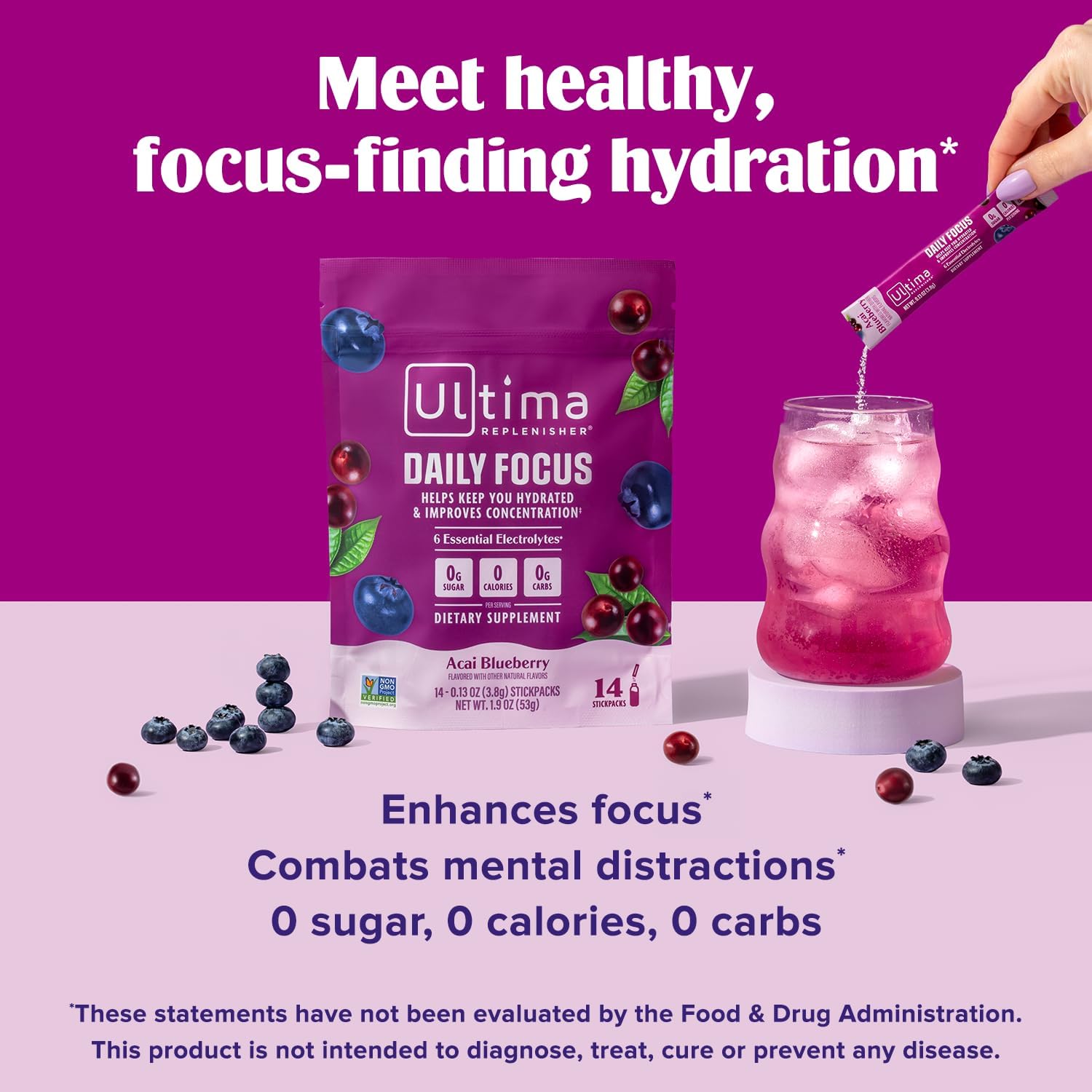 Ultima Replenisher Daily Focus Supplement, Acai Blueberry, 14 Stickpacks | Daily Zero Sugar Electrolyte Powder Hydration Packets with 6 Key Electrolytes & L-Theanine to Improve Focus - Keto Friendly