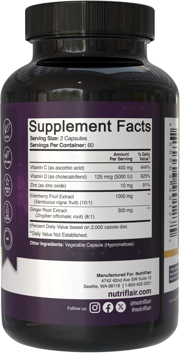 NutriFlair Sambucus Elderberry Capsules, 120 Capsules (2-Month Supply) - Elderberry Extract with Vitamin C, Vitamin D3, Zinc & Ginger - Daily Wellness Support
