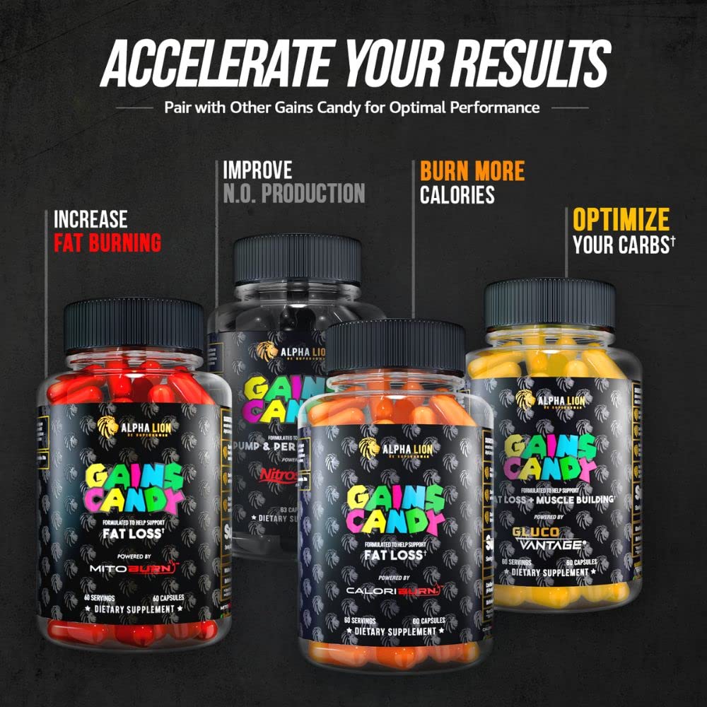 ALPHA LION Gains Candy, Supplement Pills that Support Weight Loss, Appetite Suppressant, Keto-Diet Friendly, Decrease Body Fat, Upgrade Energy & Workout Performance, 60 Capsules (MitoBurn®)