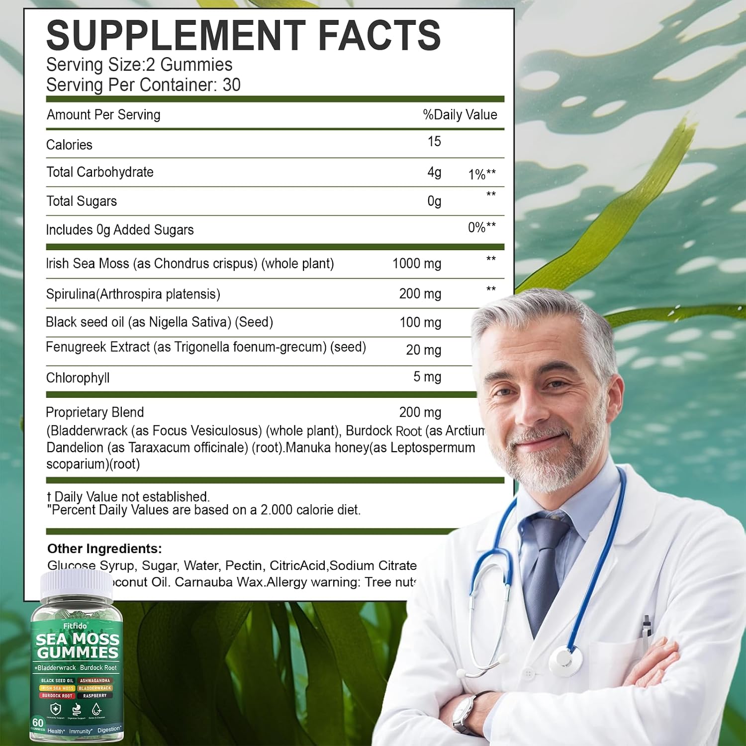 Irish Sea Moss Gummies 3000mg with Bladderwrack, 60 Count | Daily Wellness, Mineral Support, Bladderwrack, Burdock Root, Manuka Honey, 105+ Trace Minerals, Sugar Free, Vegan