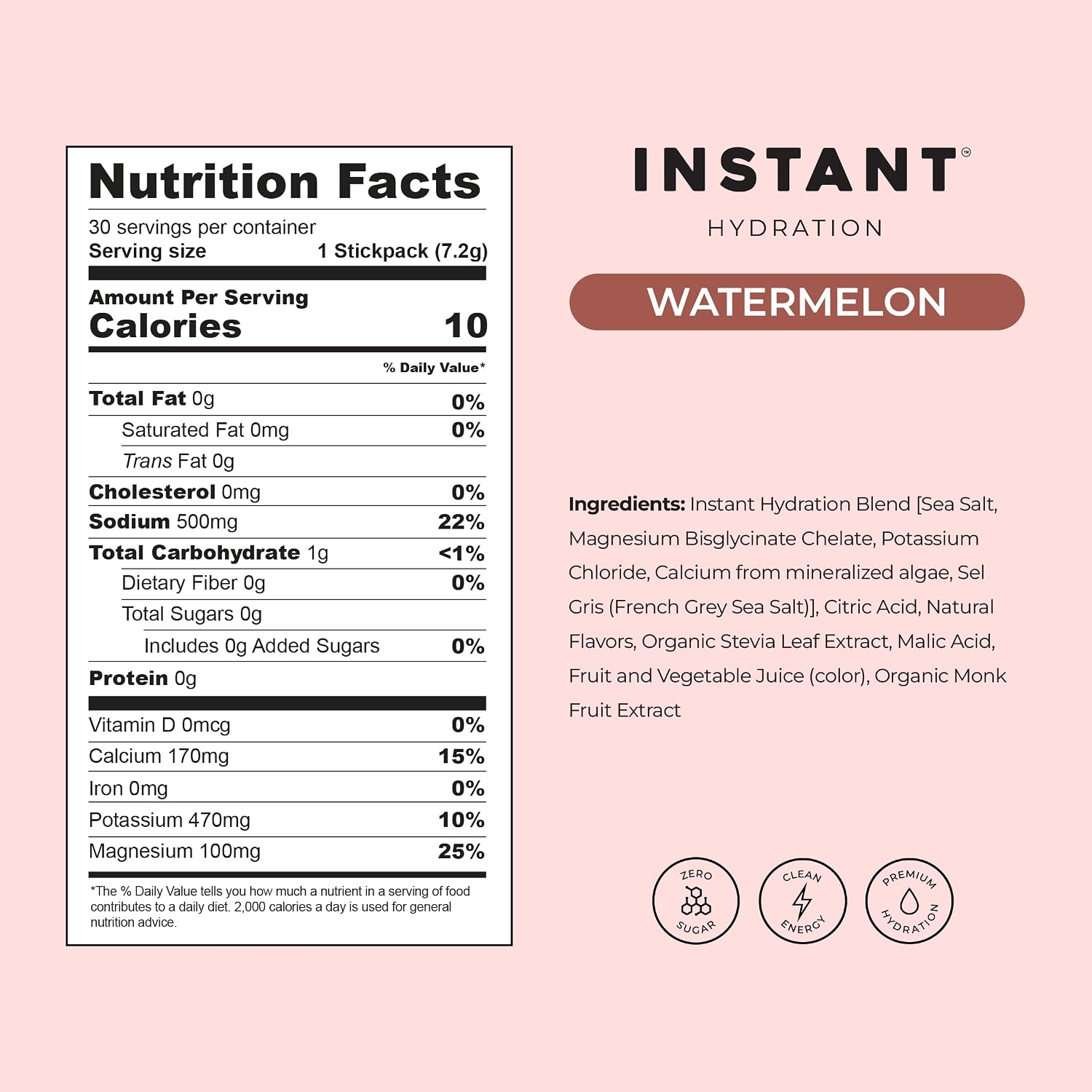 Instant Hydration Electrolytes Powder Packets - Watermelon Electrolyte Drink Mix - Zero Sugar - Keto, Vegan, Gluten-Free, Non-GMO - Boost Recovery, Brain Health, Muscle & Tissue Support- 30 Sticks