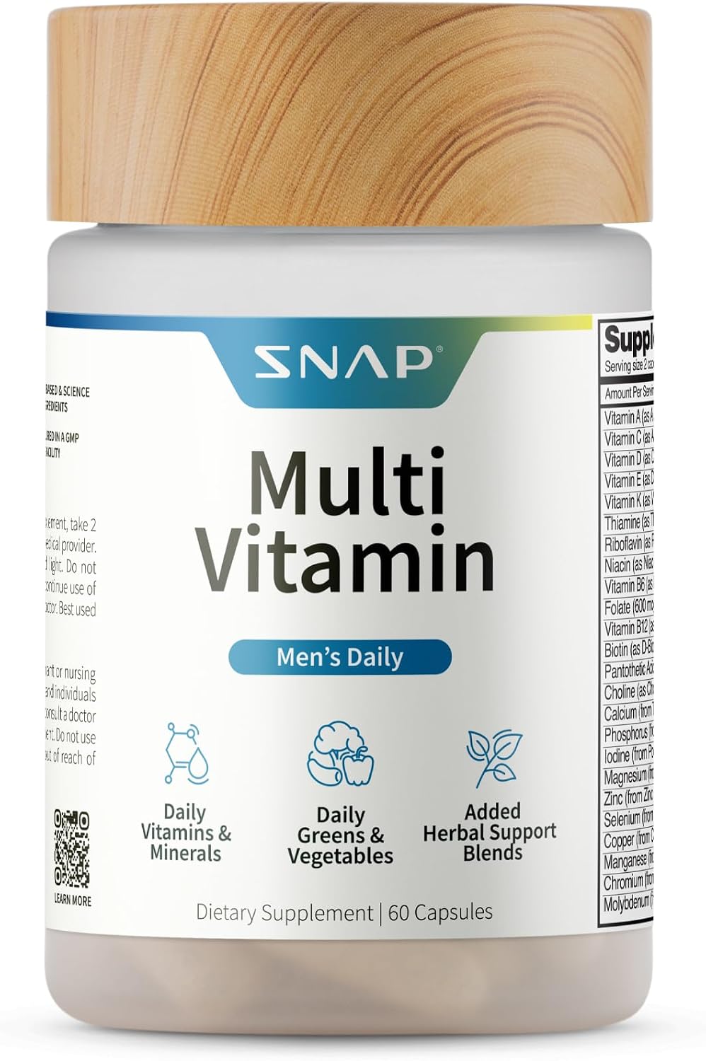 Snap Supplements Men's Daily Multivitamins, 60 Capsules, 30-Day Supply | Daily Vitamins & Minerals for Men - Vitamin D, B12, Zinc, Herbs & Vitamin C for Energy & Immune Support, Multivitamin for Men
