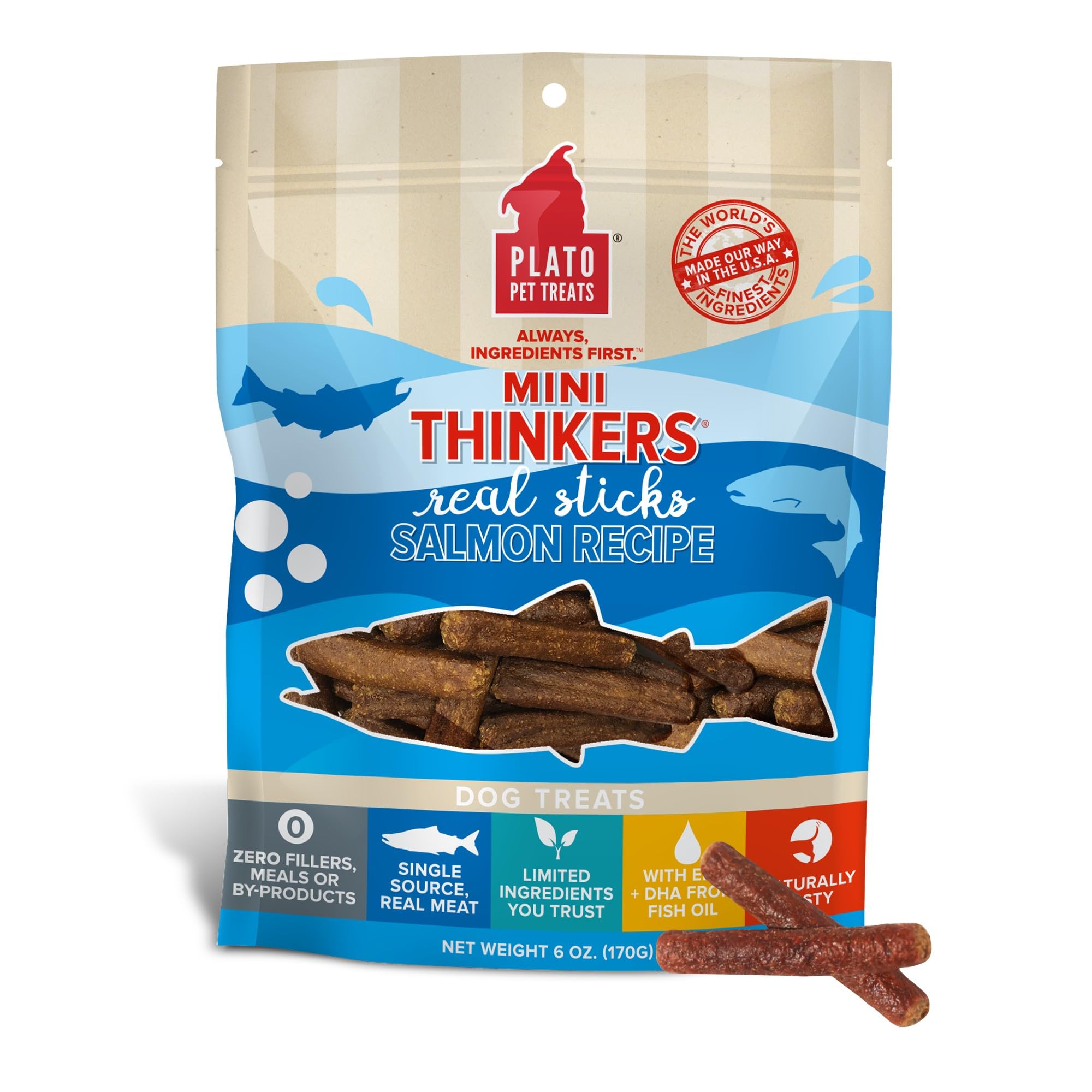 Plato Meat Sticks Salmon Dog Treats, Air-Dried High-Protein Soft Chews with Omega Fish Oil (EPA & DHA), 10 oz