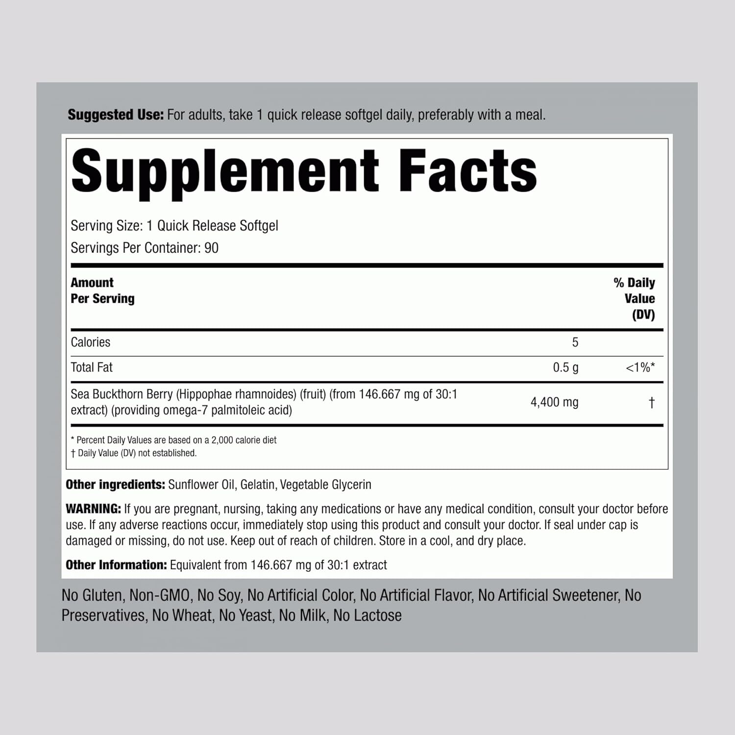 Piping Rock Sea Buckthorn Oil Capsules | 90 Softgels | Sea Buckthorn Berry Extract | With Omega-7 | Gluten Free, Non-GMO