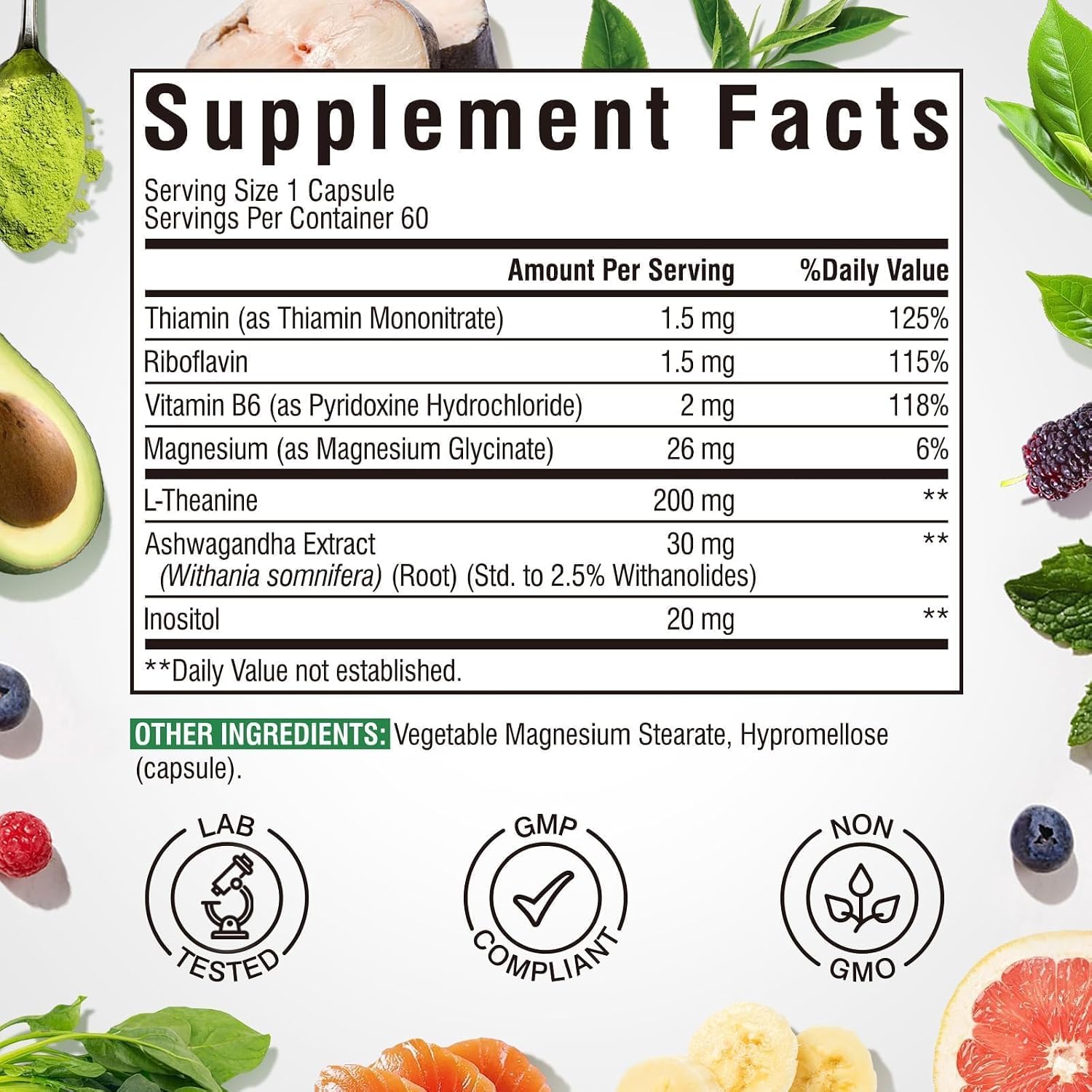 Vitalibre L Theanine Supplement 200mg | 7 in 1 L-Theanine with Magnesium Glycinate, Ashwagandha, Inositol, Vitamin B1 B2 B6 | No Gluten, for Calm, Relaxation, Sleep & Focus Support, 60 Vegan Caps