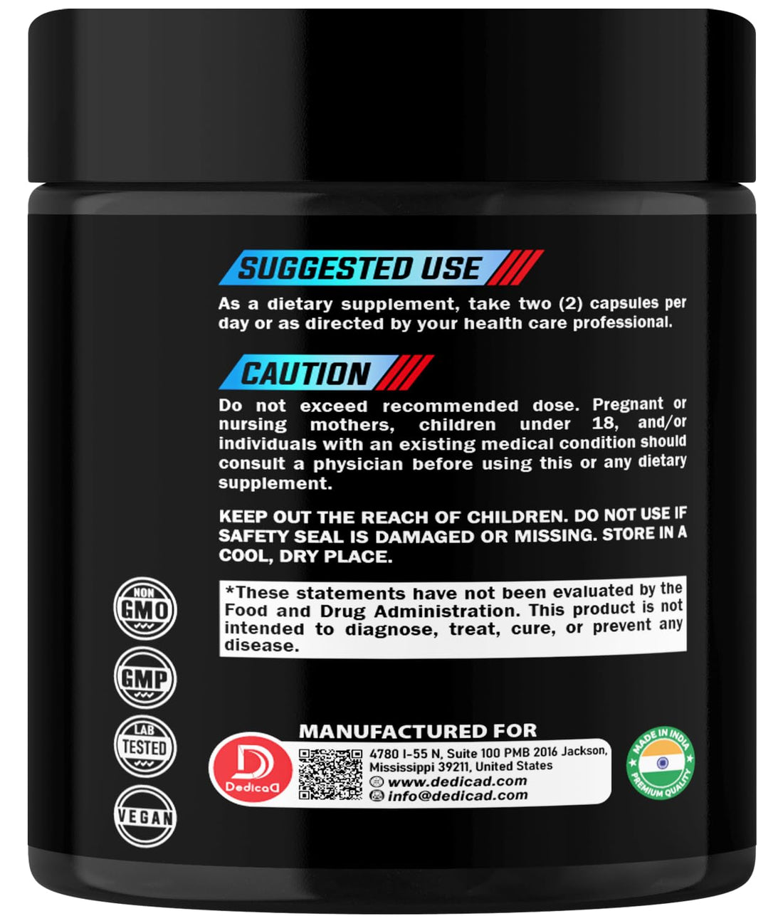 Supplement container with 'DedicaD' branding and ingredients listed on a black background