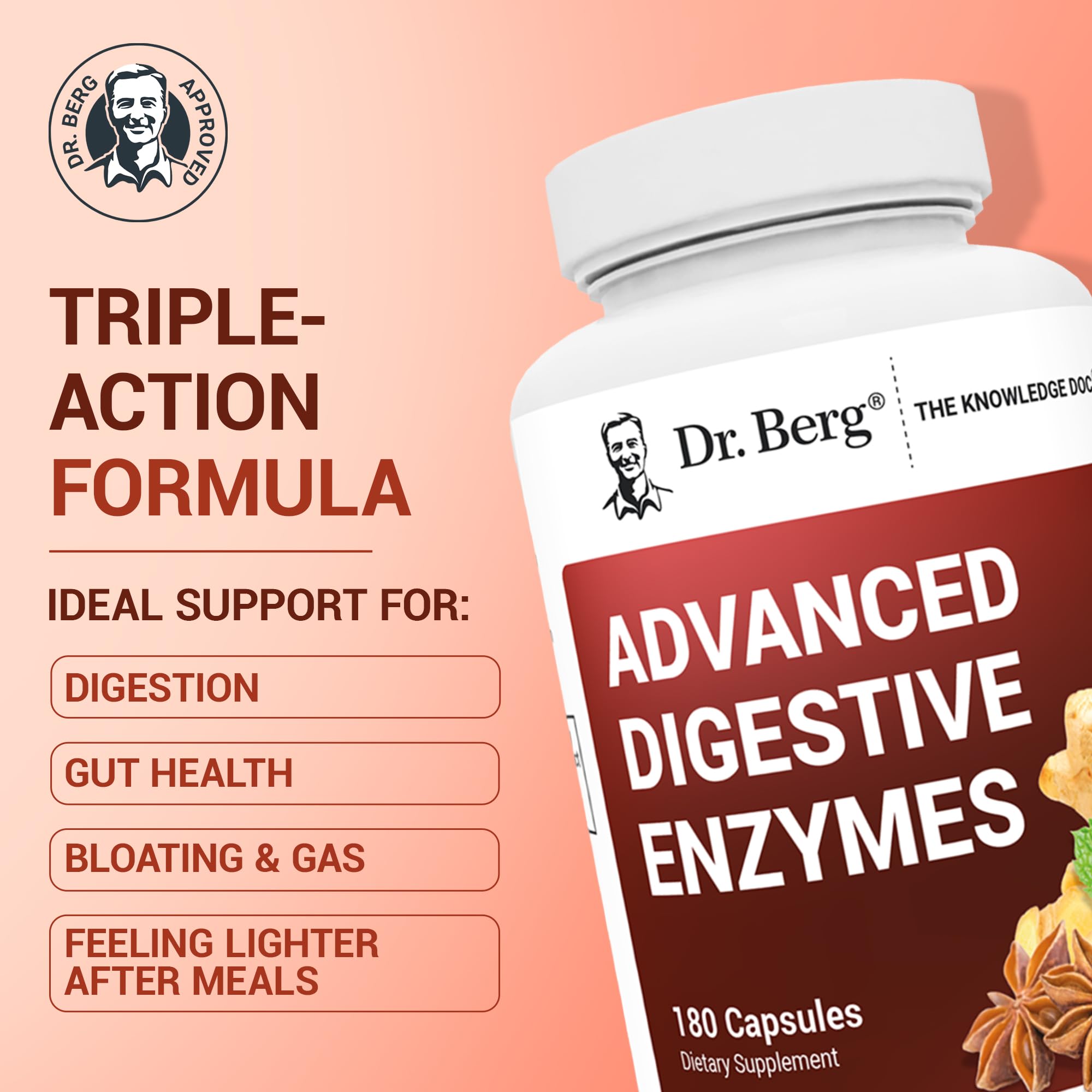 Dr. Berg Advanced Digestive Enzymes with Apple Cider Vinegar - Includes Digestive Health Ingredients Like Betaine Hydrochloride (HCI), Ginger Root & Peppermint Leaf - 180 Capsules Dr. Berg NutritionalsBuy Supplements Australia