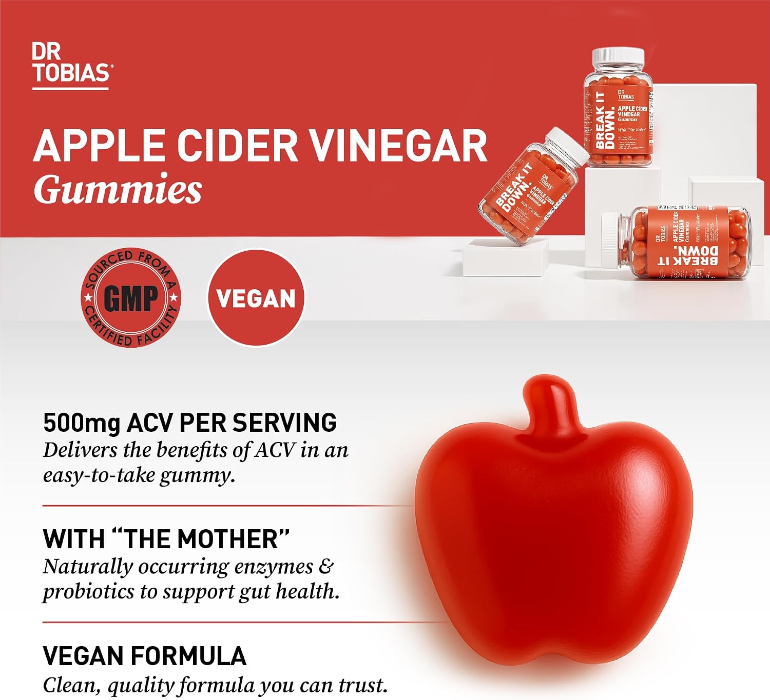 Dr. Tobias Apple Cider Vinegar Gummies with The Mother 60 Count | Digestive & Daily Wellness Support | 500 mg ACV | Folate + B6 + B12 + Iodine | Vegan | 30 Servings