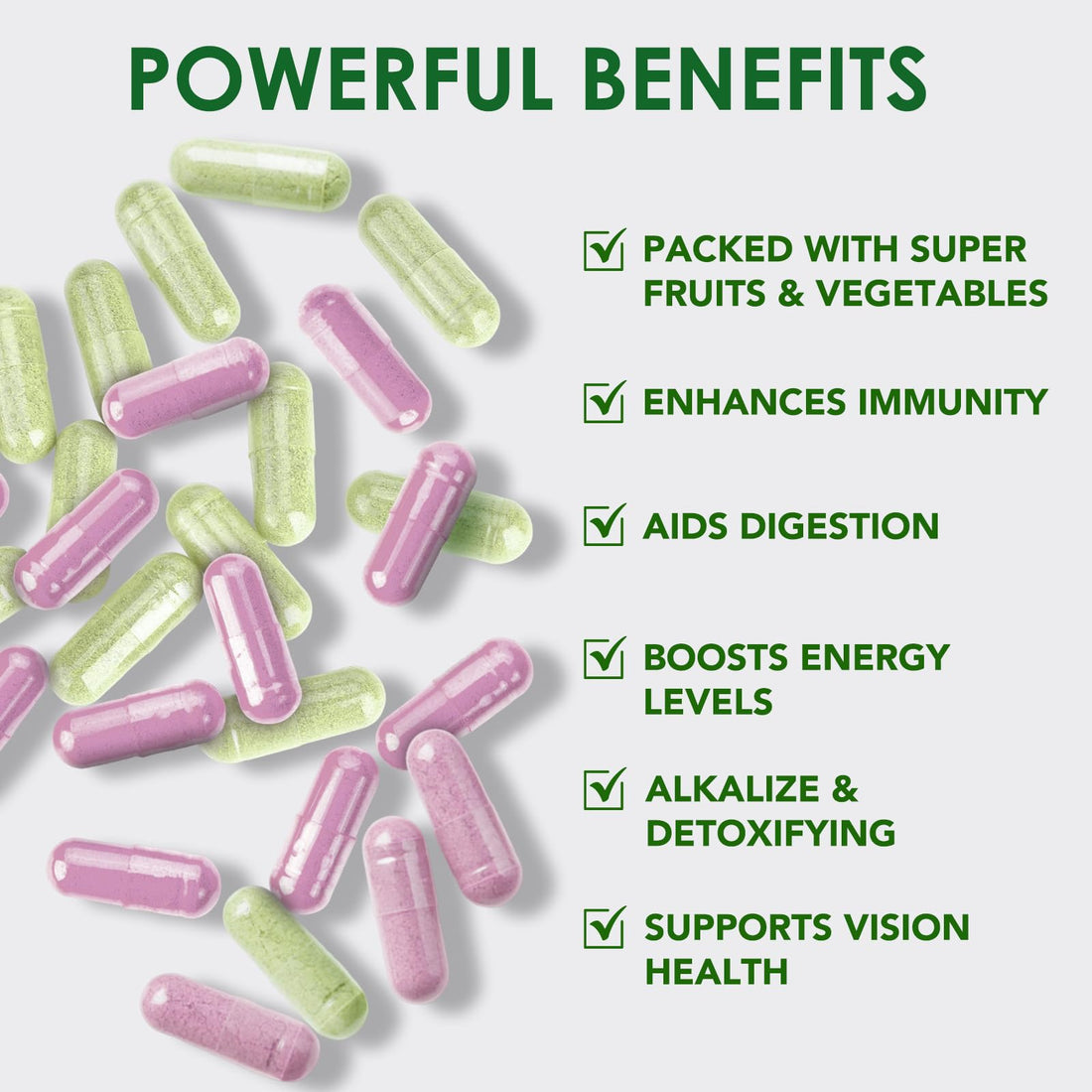 Two dietary supplement bottles labeled 'Whole Veggies' and 'Whole Fruit' with colorful labels and caps.