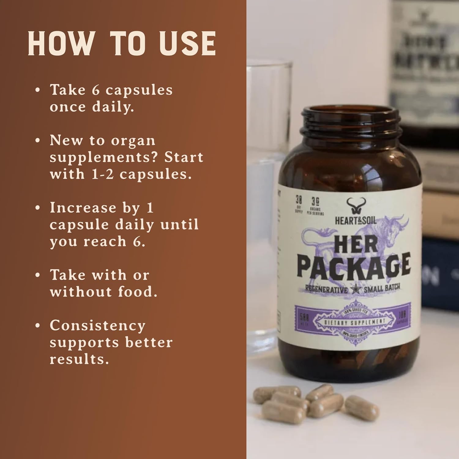 HEART & SOIL Her Package Supplement, 180 Capsules | 100% grass fed & finished ovary, uterus, liver & kidney. Helps maintain hormone balance & reproductive wellness.