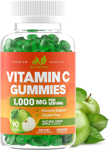 Vitamin C 1000mg Gummies for Adults & Kids, Maximum Strength (90 Count) | Chewable Immune & Collagen Support - Natural Green Apple Flavor - Gluten Free, Vegetarian, Non-GMO