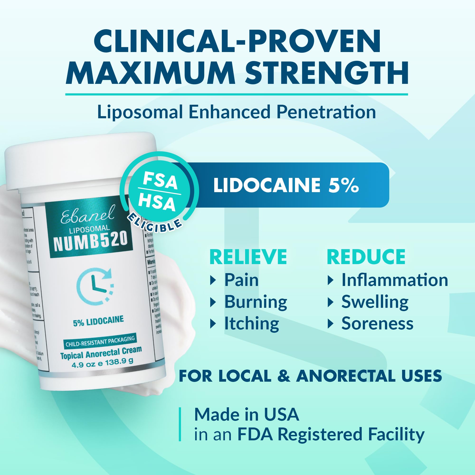 Ebanel 5% Lidocaine Numbing Cream, Pain Relief Burn Itch Cream, Maximum Strength Topical Anesthetic with Allantoin, Vitamin E for Local and Anorectal Uses, Hemorrhoid Treatment, 4.9 Oz
