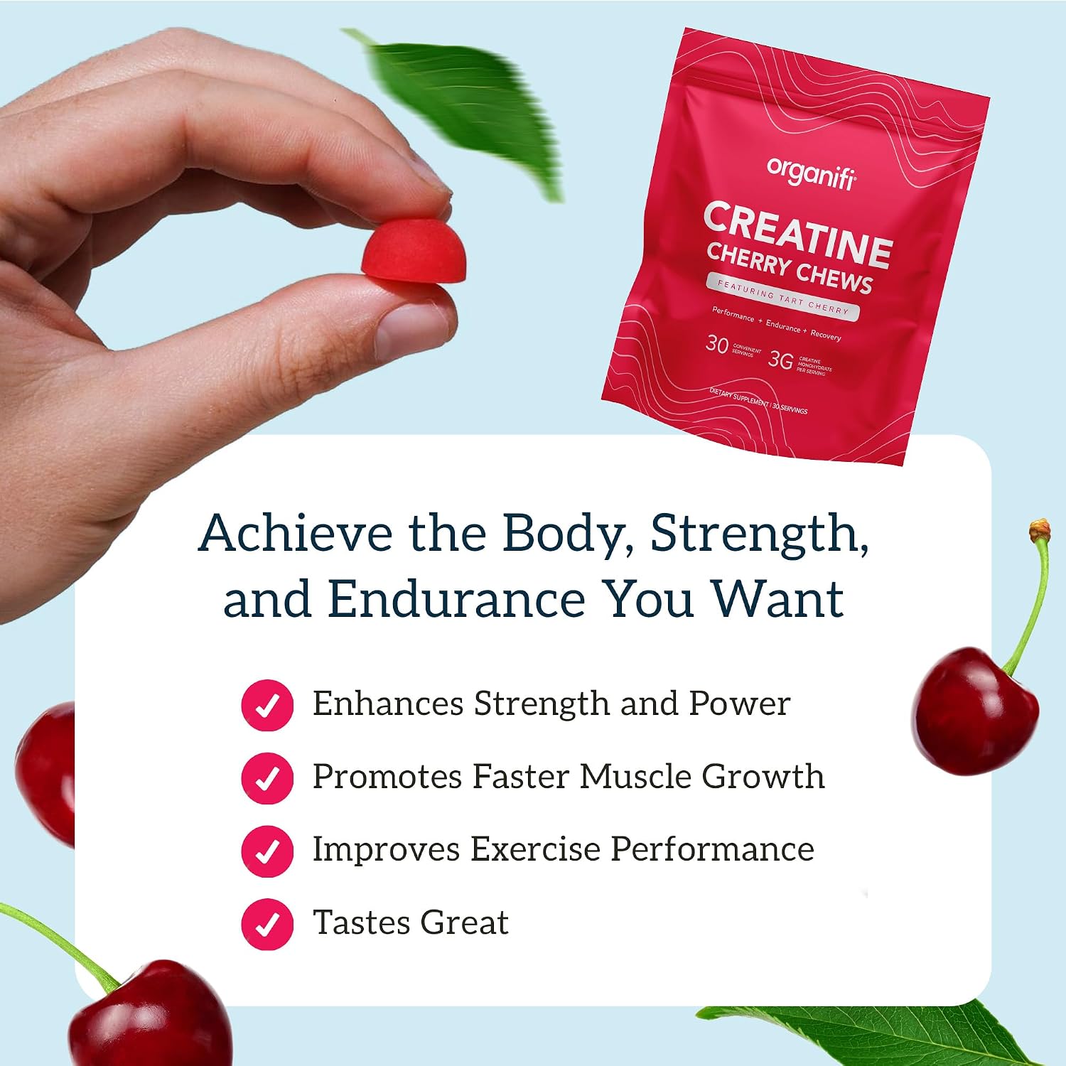 Organifi Strength and Mood Bundle - 30 Servings of Creatine Cherry Chews and Lemon Happy Drops - Delicious Creatine Monohydrate and Calming Saffron Gummies for Men and Women