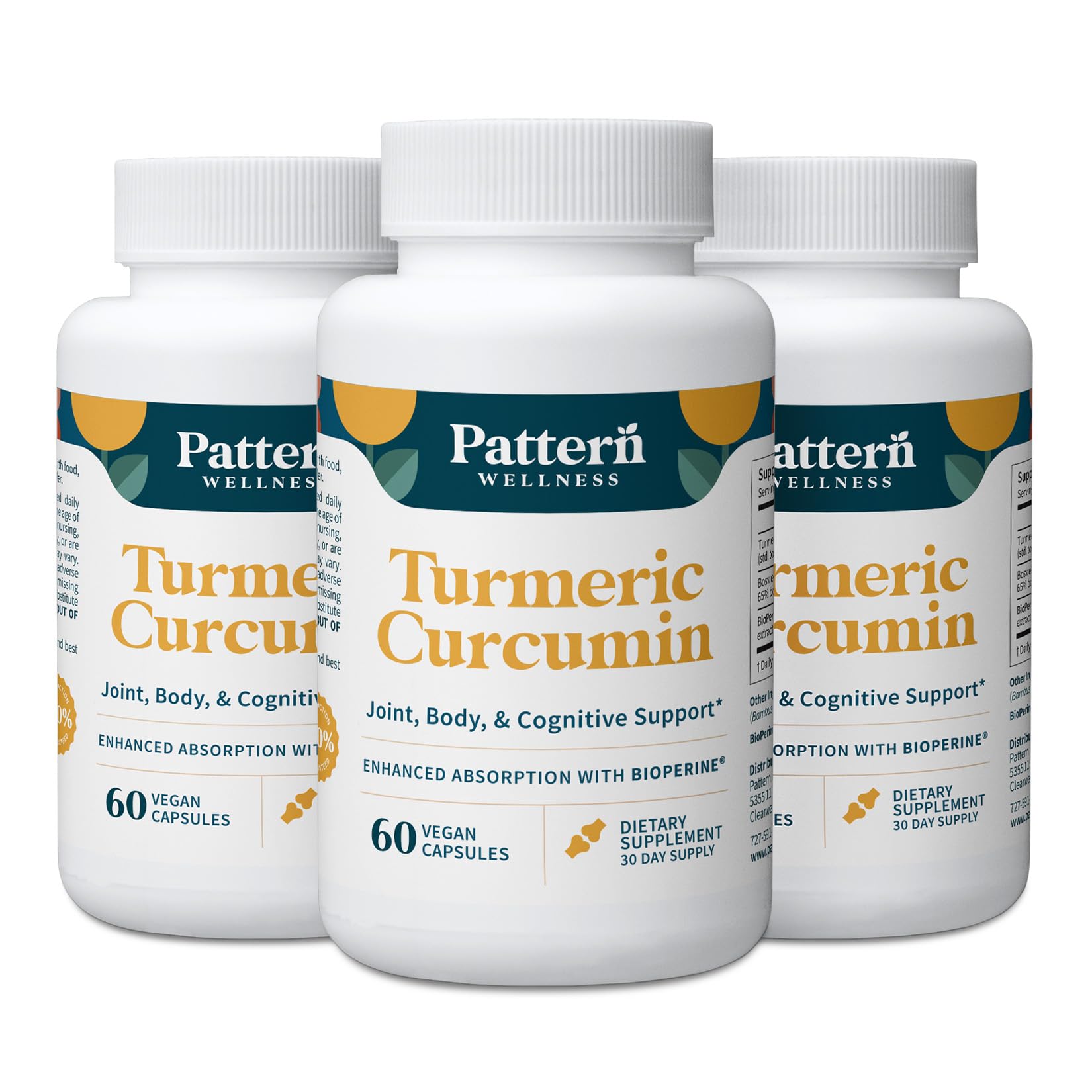 Pattern Wellness Turmeric Curcumin Supplement – 60 Capsules | 95% Curcuminoids with BioPerine® Black Pepper – Supports Joint, Cognitive & Immune Health – Non-GMO, Gluten Free