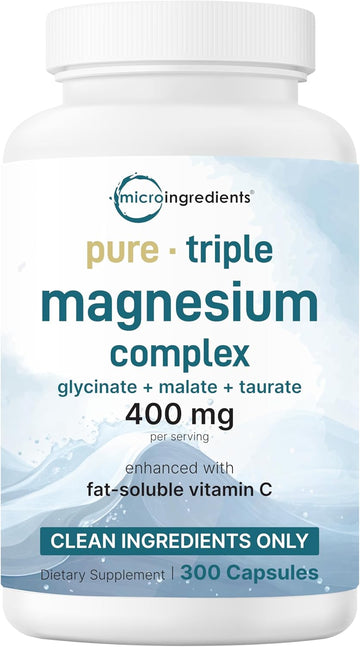 Micro Ingredients Pure Magnesium Complex, 300 Capsules | Triple Magnesium Glycinate, Malate, Taurate with Vitamin C | 100% Chelated | Supports Muscles, Nerves, & Energy | Only Active Ingredients