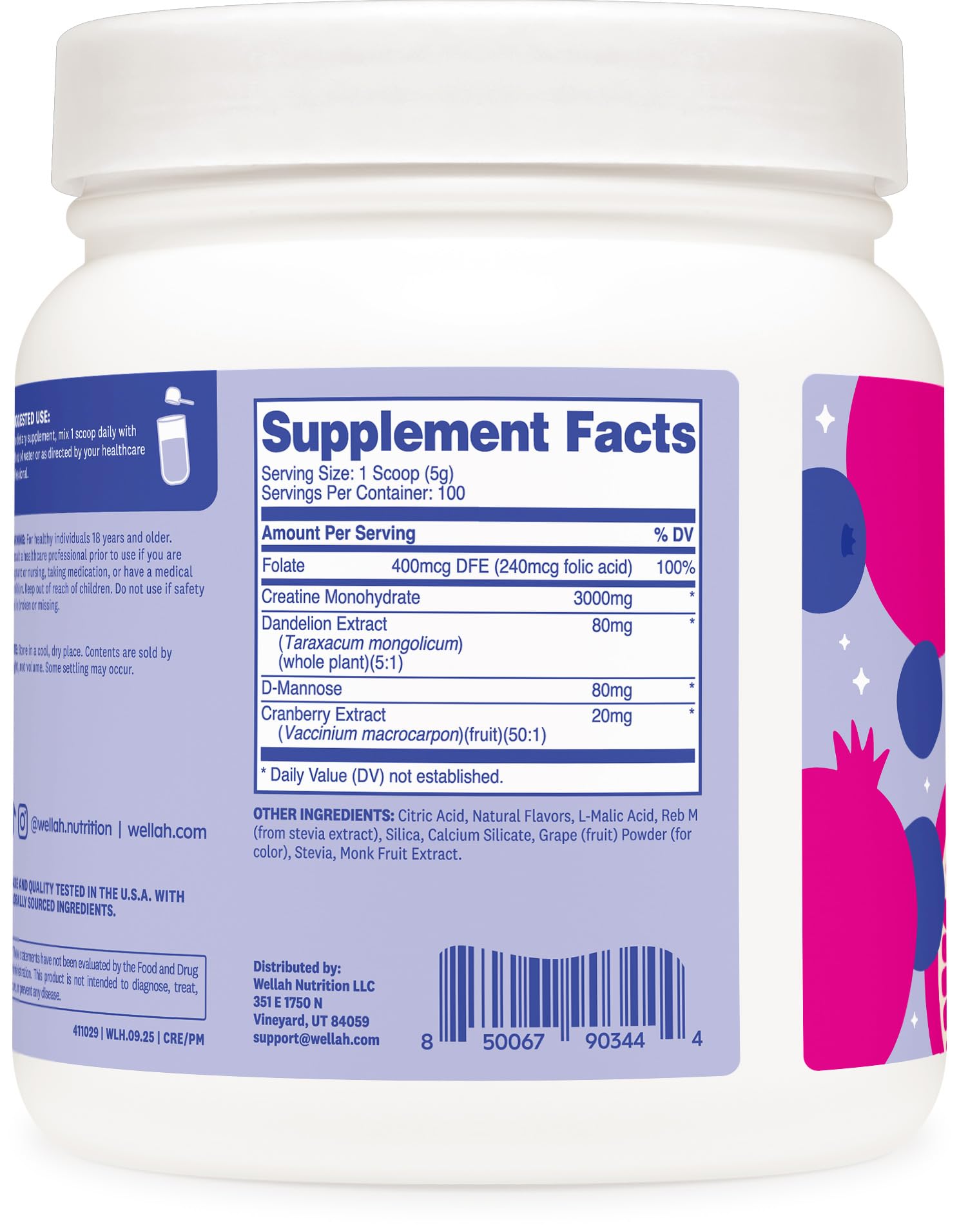 Wellah Creatine for Women - Creatine Monohydrate with Dandelion & Cranberry Extract (50 Servings, Strawberry Lemonade) | Creatine Monohydrate with Dandelion & Cranberry Extract