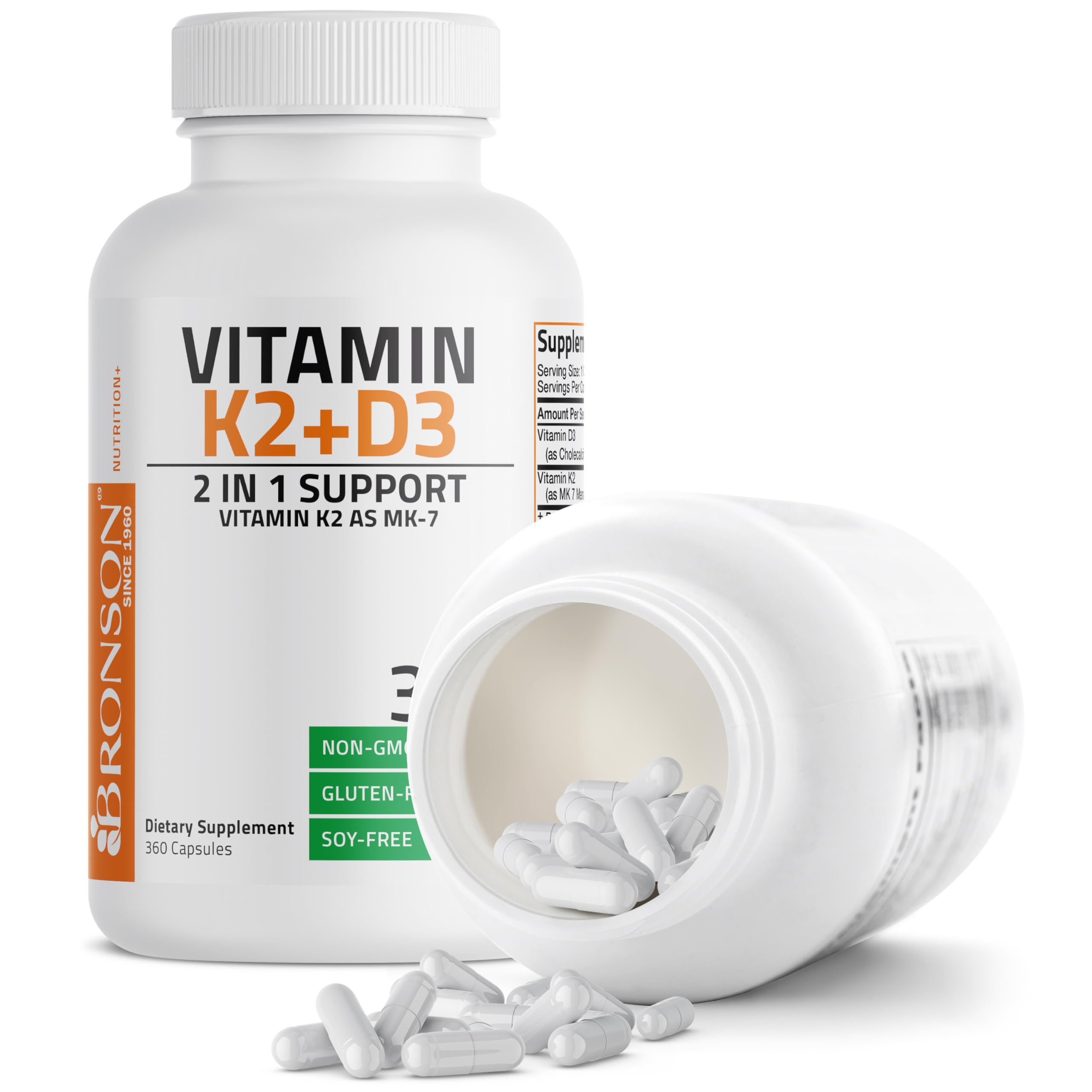 Bronson Vitamin K2 D3 (MK7) Supplement 2-in1 D3 & K2 Complex, 60 Capsules | Bone, Immune & Heart Health Support, Gluten Free, Soy Free, Non-GMO, Vitamin D3 5000IU (125 mcg) & 90 mcg K2 MK-7