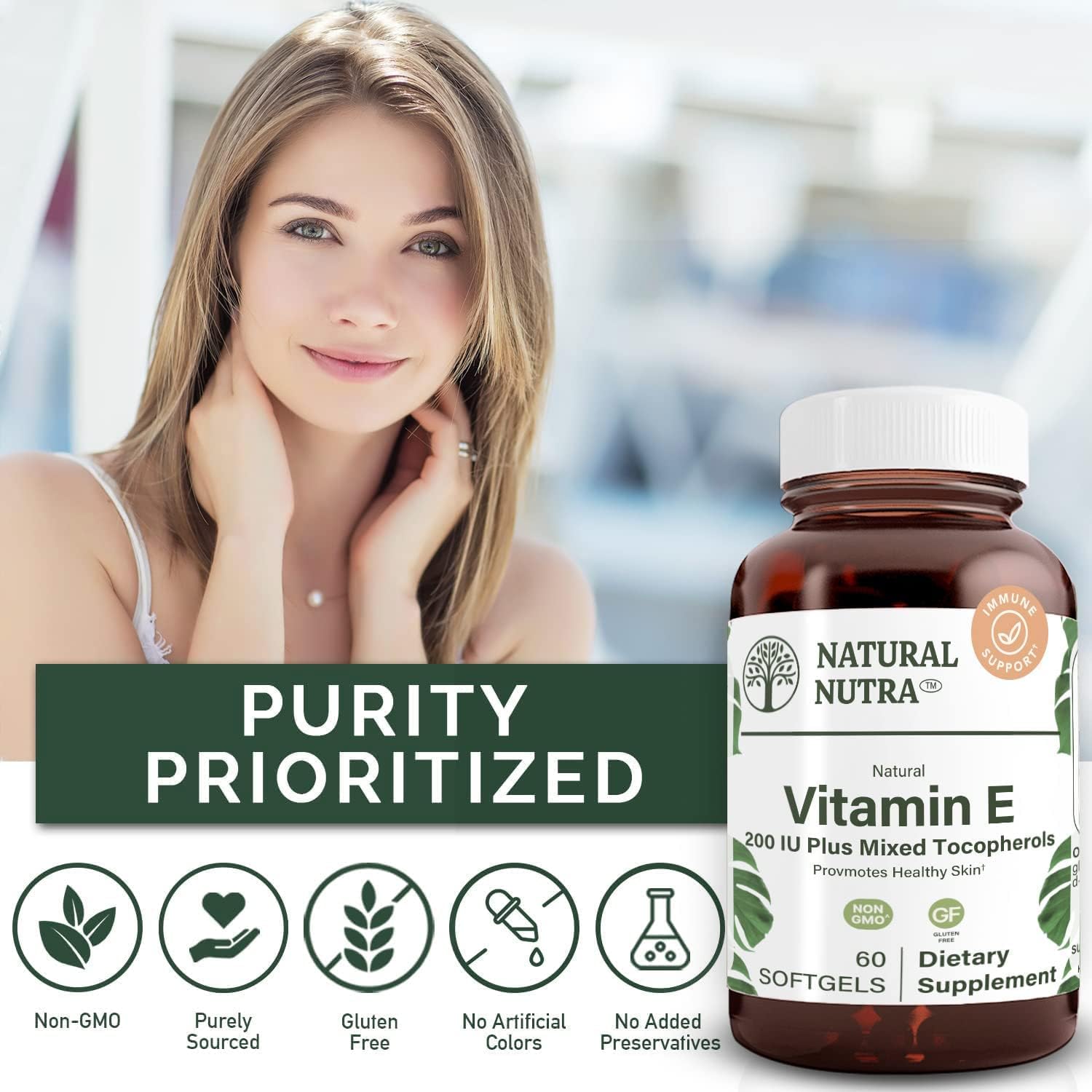 Natural Nutra Vitamin E 200 IU Supplement, 60 Softgels | Helps Heart Health & Protects Skin Texture, Enriches Health Nutrients, Enhances Hair & Nails Growth, Supports Body Fat Level