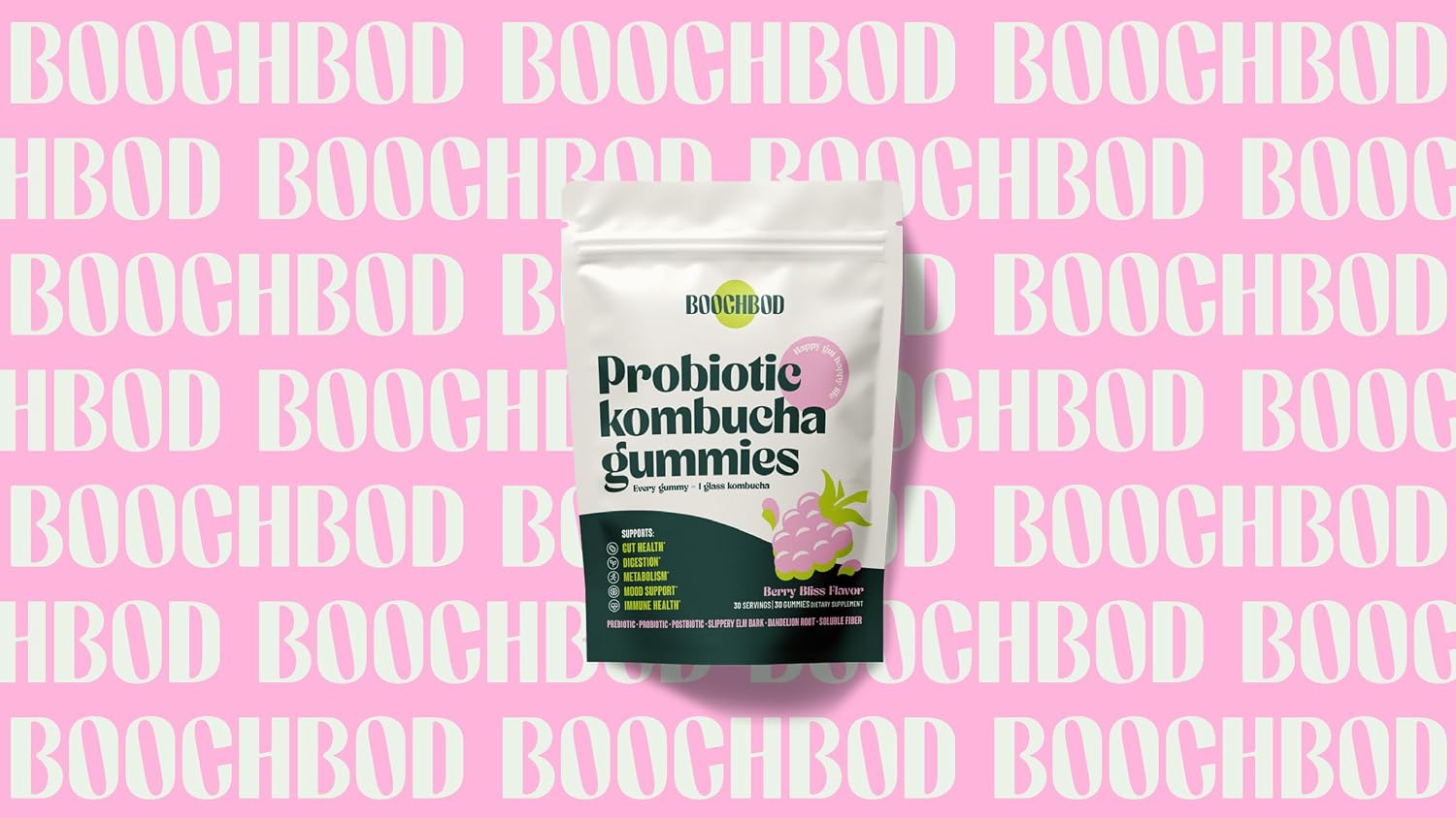 BoochBod - Probiotic Kombucha Gummy - Prebiotics, Probiotics, Postbiotics, Fiber Supplement, Slippery Elm, Dandelion Root, for Bloating, Gut Health - for Women and Men - 4X Bundle & Save
