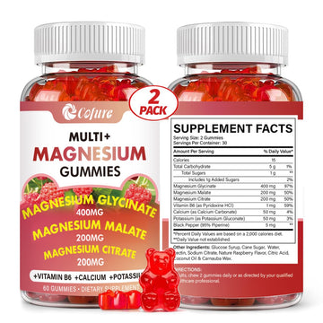 Two bottles of Cofure Multi+ Magnesium Gummies with supplement facts label on a white background