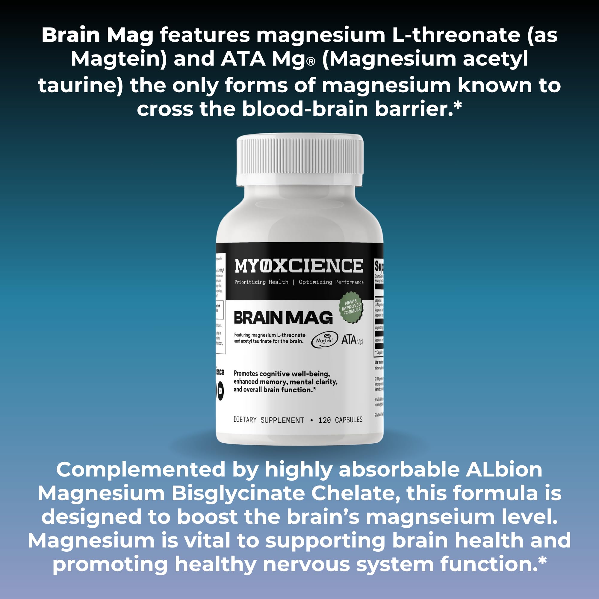 Magnesium L-Threonate + Mag Acetyl-Taurate (ATA Mag) + Mag Glycinate | Promotes Cognitive Well-Being, Enhanced Memory, Mental Clarity and Overall Brain Function | 120 Capsules MYOXCIENCE buy supplements Au