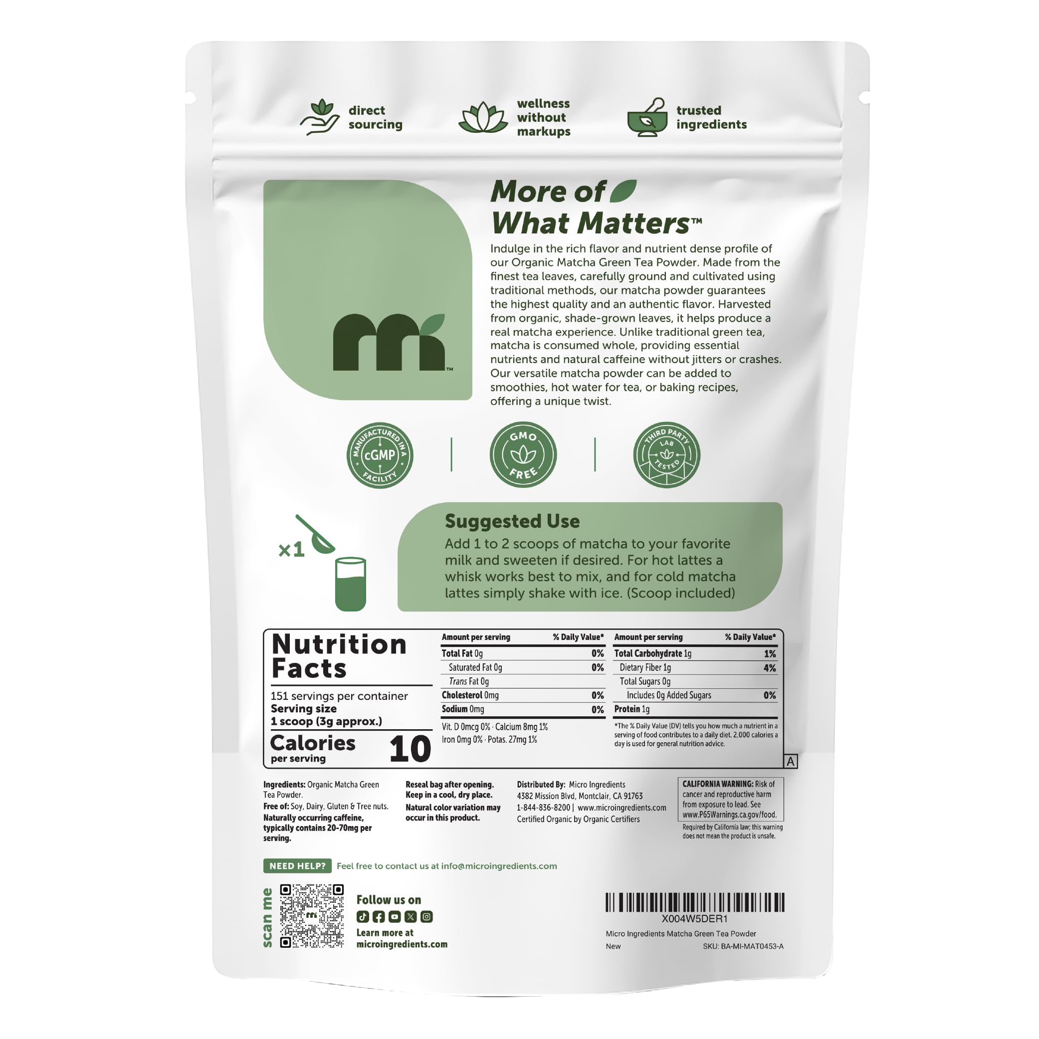 Micro Ingredients Organic Matcha Green Tea Powder, First Harvest, Culinary Grade from Japan, 100% Pure & Unflavored, Great for Tea, Latte, & Smoothies, Non-GMO, No Sugar, Eco-Friendly Packaging, 1 Lb