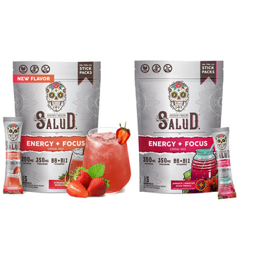 Salud 2-Pack | 2-in-1 Energy + Focus (Strawberry Margarita) & Energy + Focus (Hibiscus) – 15 Servings Each, Agua Fresca Drink Mix, Non-GMO, Gluten Free, Vegan, Low Calorie, 1g of Sugar