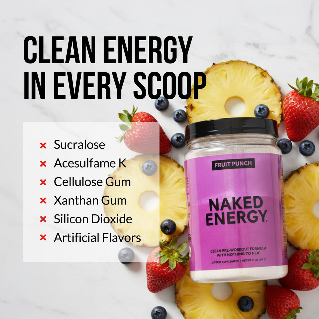 NAKED Fruit Punch Energy - Clean Pre Workout Supplement for Men and Women, NSF Certified, Vegan Friendly, No Added Sweeteners