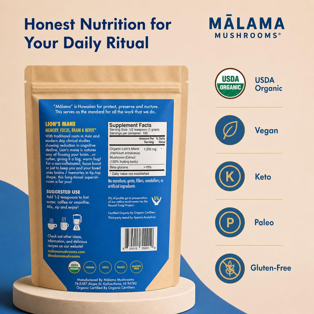 8-Mushroom Extract Powder by Malama, Organic Body Mushroom Blend Featuring Lion's Mane, Reishi, Cordyceps, Chaga, Turkey Tail, Superfood Adaptogenic