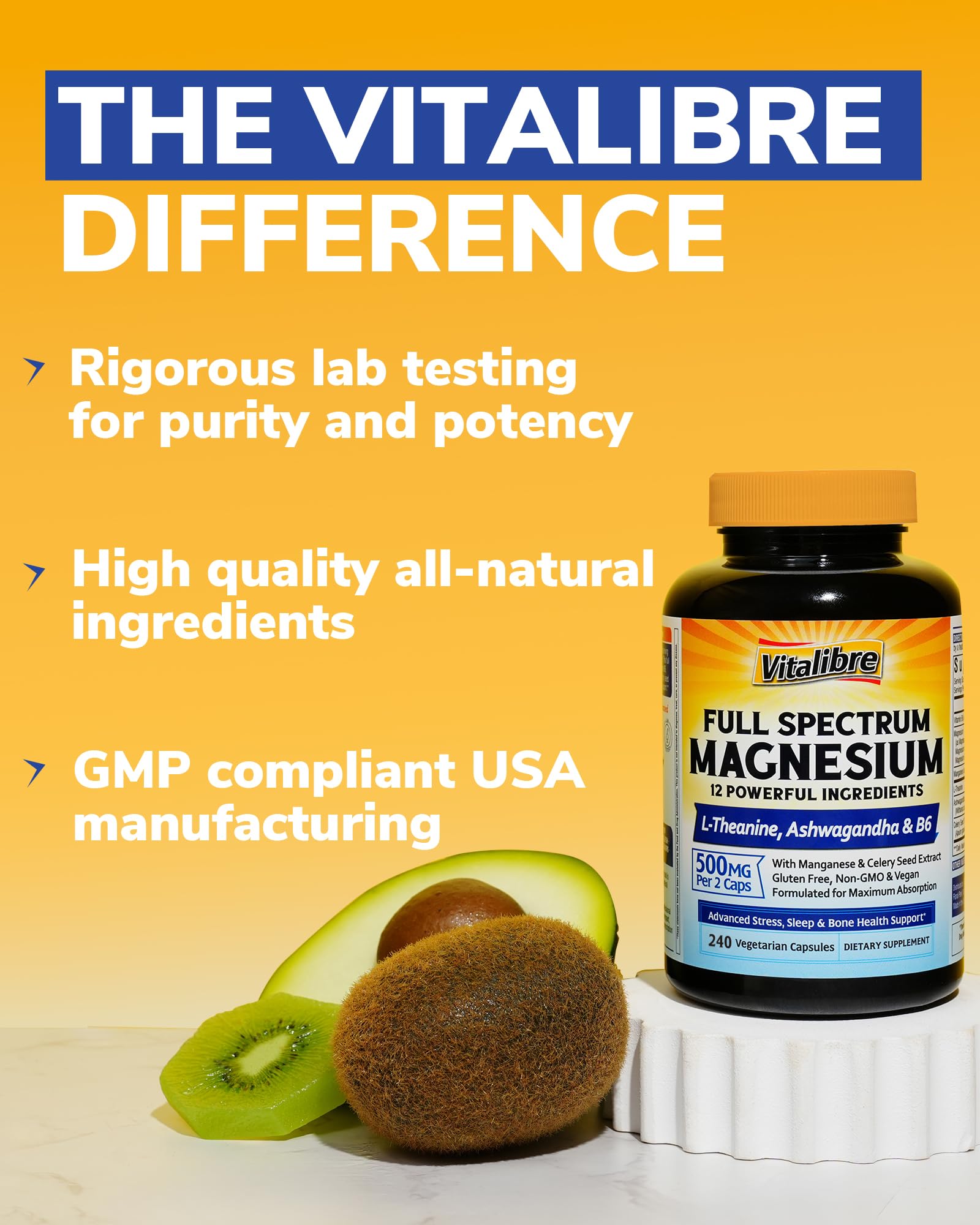 Vitalibre Magnesium Complex 500mg for Women Men, 120 Vegan Capsules | with Ashwagandha, L-Theanine, Vitamin B6 & Celery, High Absorption Magnesium Glycinate, Citrate, Malate, Sleep & Bone Support
