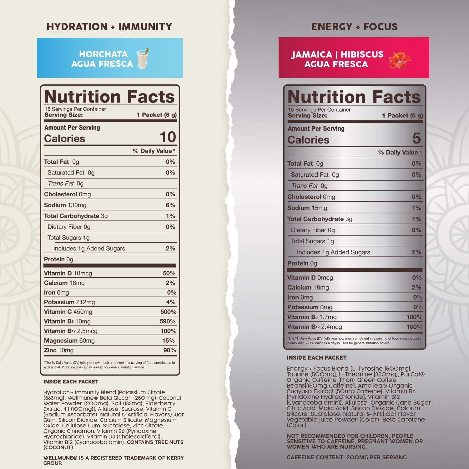 Salud 2-Pack | 2-in-1 Hydration + Immunity (Horchata) & Energy + Focus (Hibiscus) – 15 Servings Each, Agua Fresca Drink Mix, Non-GMO, Gluten Free, Vegan, Low Calorie, 1g of Sugar