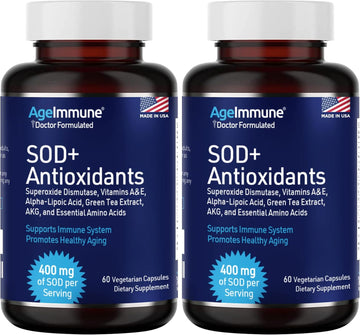SOD Antioxidants Complex Healthy Aging Supplement, 400mg of Superoxide Dismutase, Alpha Lipoic Acid, Green Tea Extract, L-Arginine, Lysine, AKG, Vitamin A, Vitamin E - 60 Capsules -2 Bottles