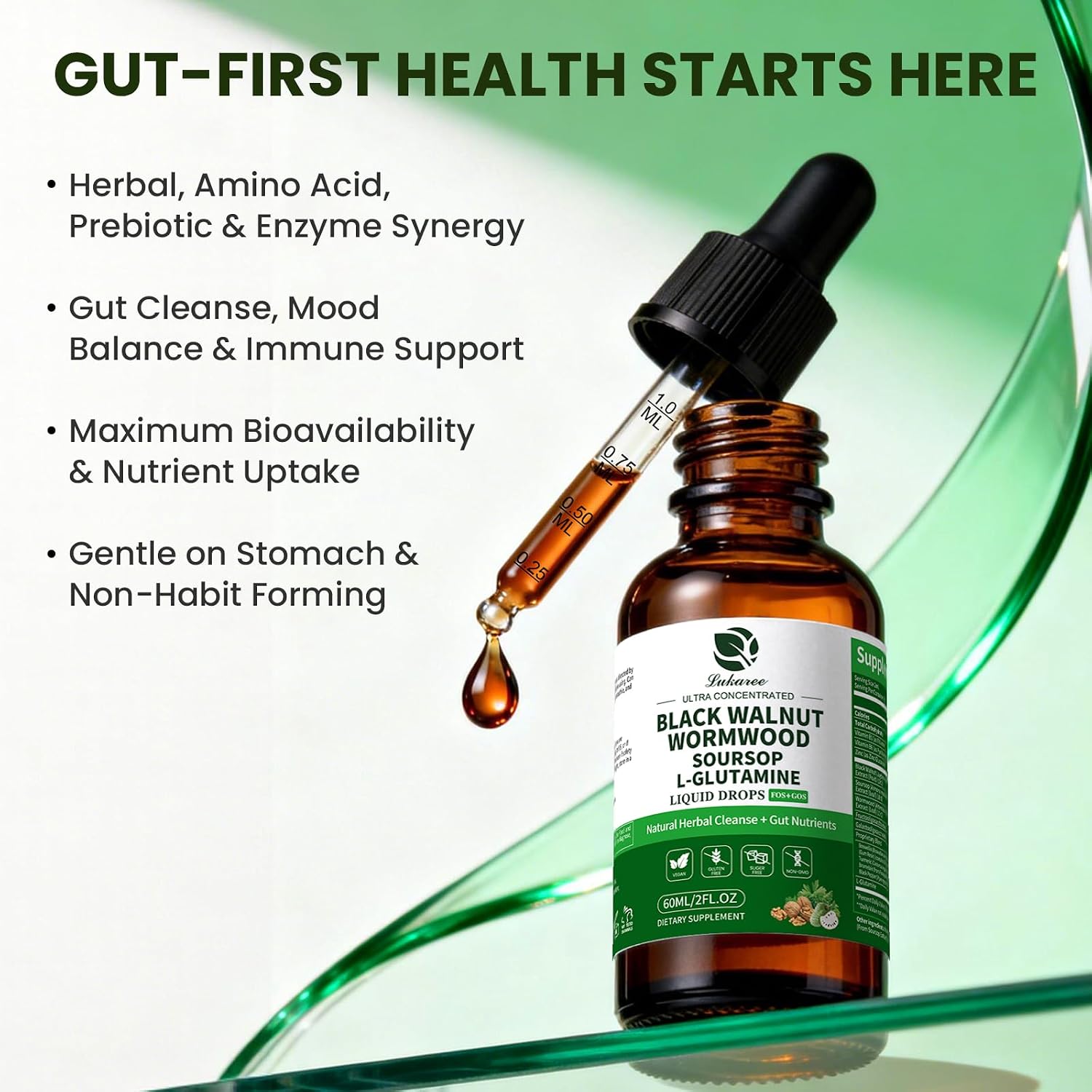 Wormwood Black Walnut Soursop Drops - Gut Health with L-Glutamine | Gentle Intestinal Cleanse & Digestive Health – with Prebiotics & Zinc for Mood Immune & Energy – Vegan Gluten-Free