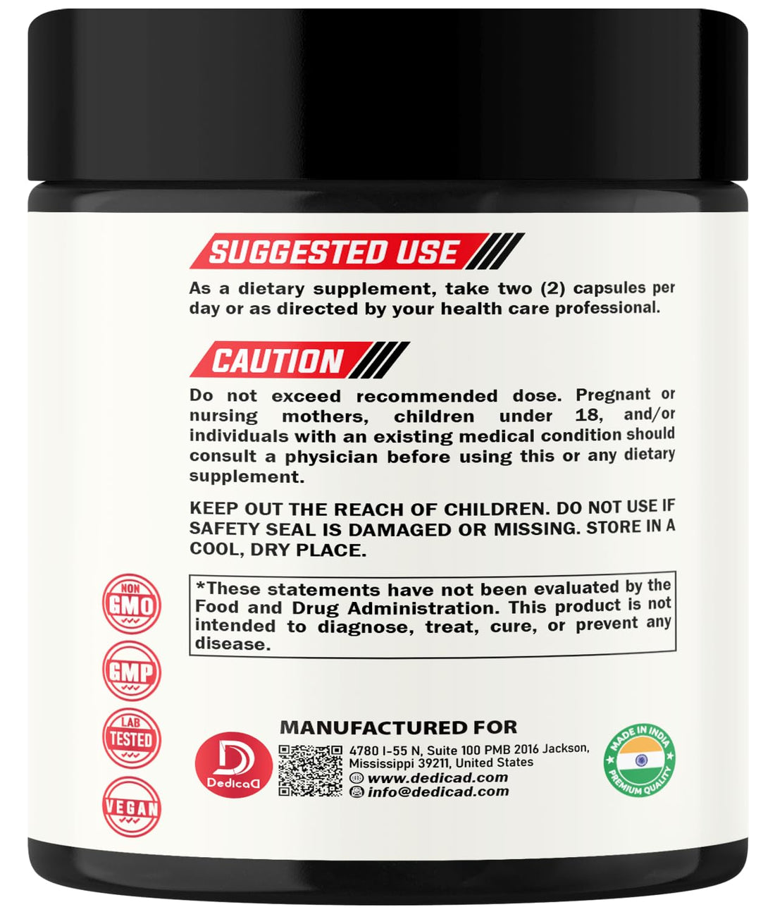 Dedica dietary supplement jar with ingredients listed on a white background