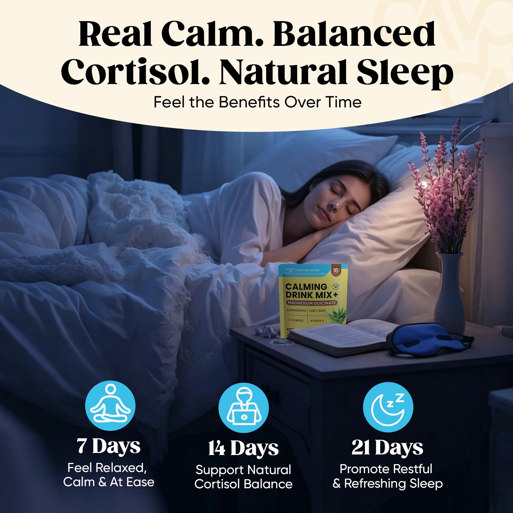 Venture Pal Calm Drink Mix, 12-in-1 Cortisol Reducer & Sleep Aid | Magnesium Glycinate, Ashwagandha, L-Theanine & Vitamin D, Calm Magnesium Powder for Relax & Focus, No Sugar, Non GMO