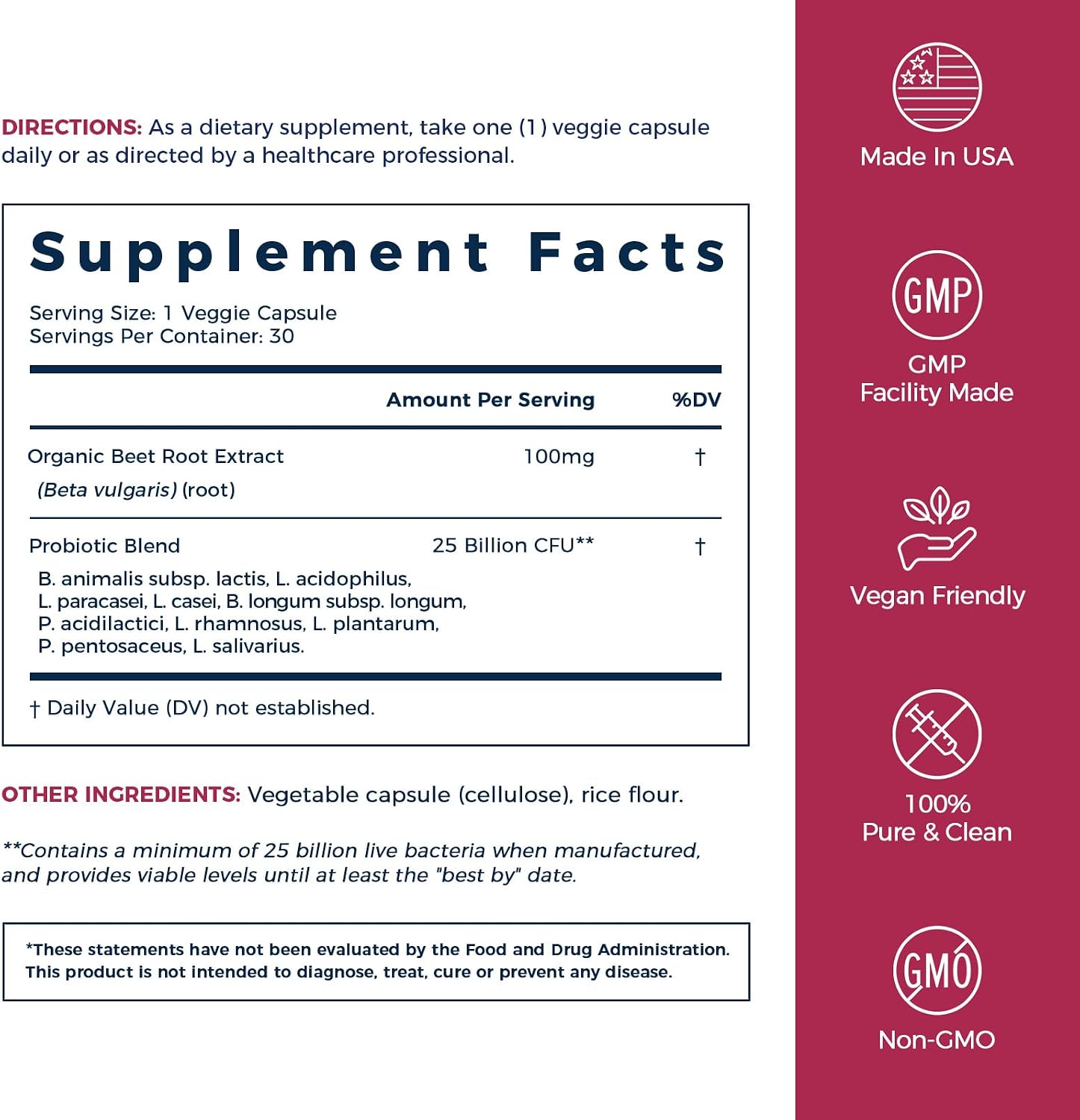 NewRhythm Probiotics for Women & Men 25 Billion CFU, with Organic Beet Root Extract, Nitric Oxide, Circulation, Energy & Heart Health, All Natural, Vegan, Non-GMO, 30 Caps