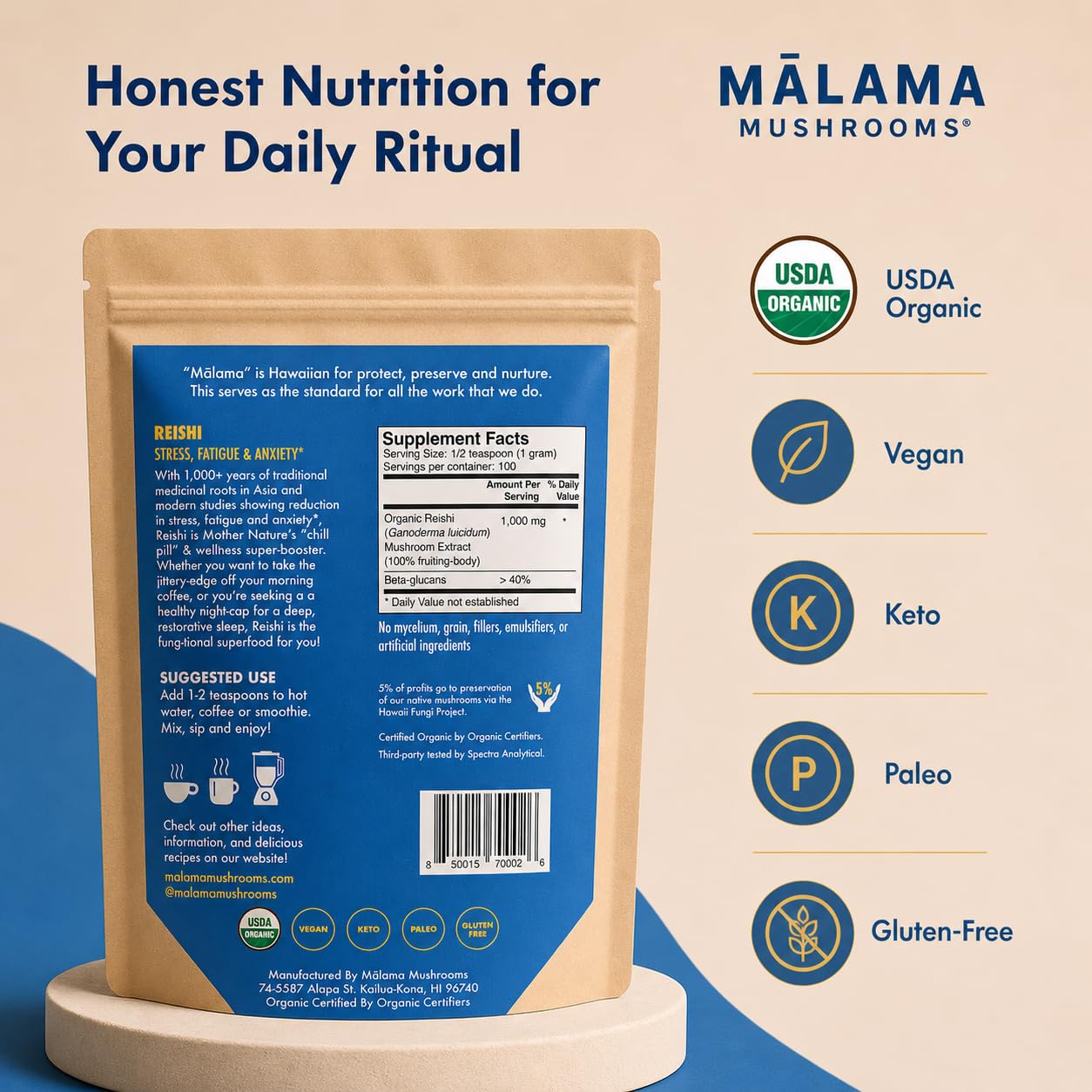 8-Mushroom Extract Powder by Malama, Organic Body Mushroom Blend Featuring Lion's Mane, Reishi, Cordyceps, Chaga, Turkey Tail, Superfood Adaptogenic
