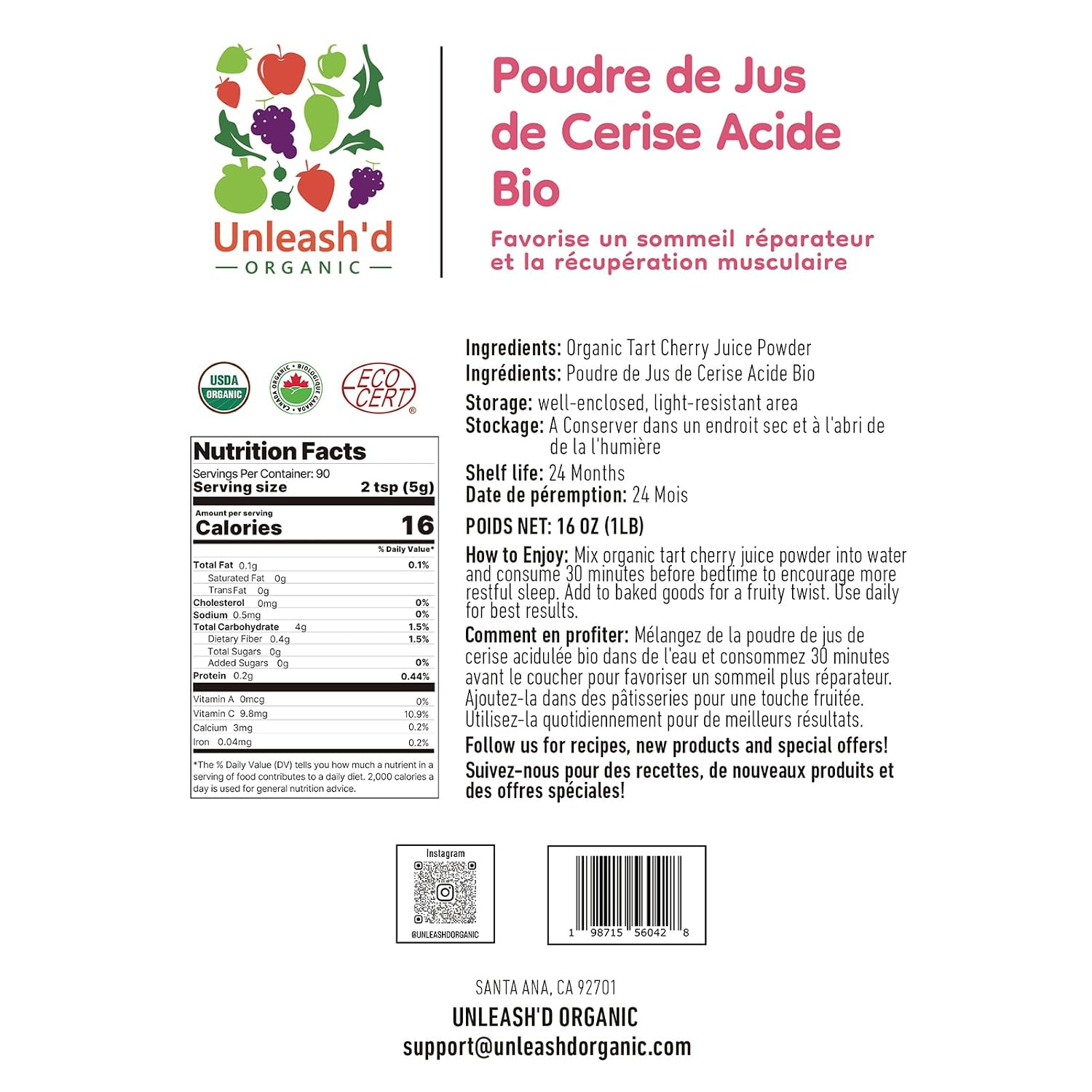 UNLEASH'D ORGANIC Organic Tart Cherry Juice Powder 16 oz – 100% Pure Natural Superfood, Rich in Antioxidants & Vitamins