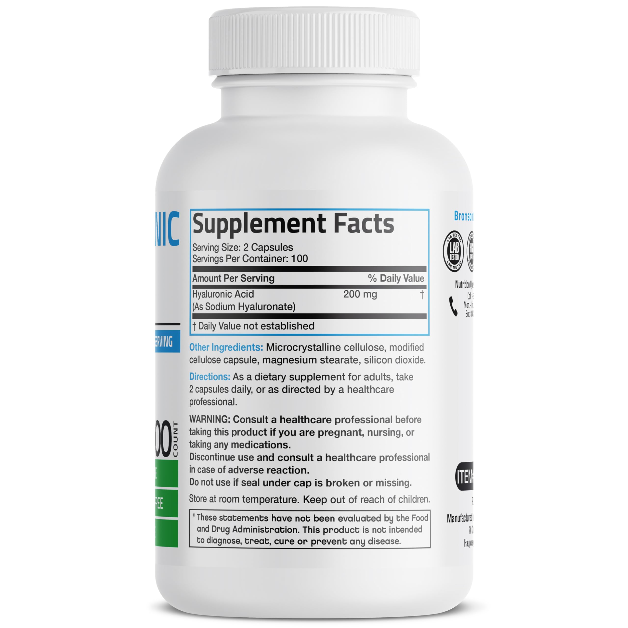 Bronson Hyaluronic Acid 200 MG High Potency Joint Health & Healthy Skin Support, Non-GMO, 200 Vegetarian Capsules