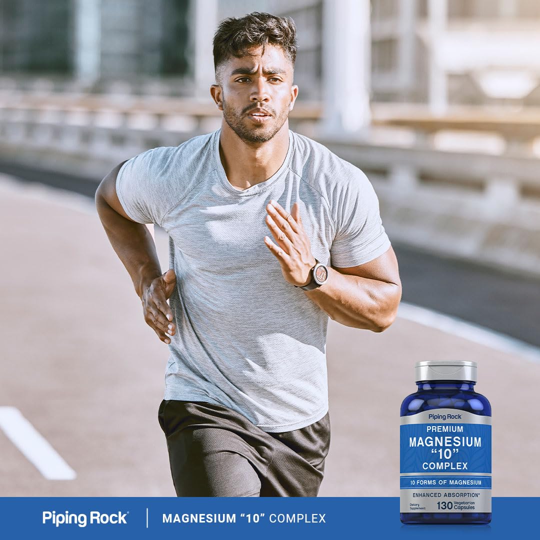 Blue supplement bottle labeled 'Premium Magnesium 10 Complex' by Piping Rock on a white background.