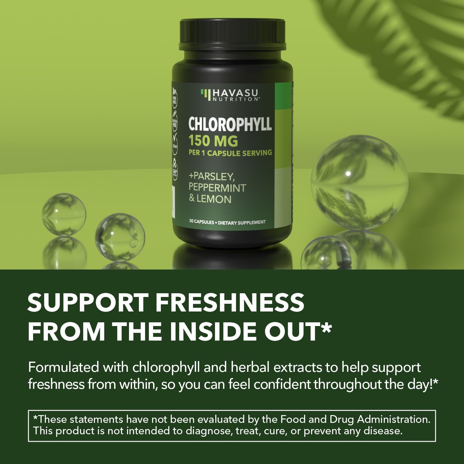 Chlorophyll Pills for Internal Cleanse & Balance, 30 Count, Internal Detox | Skin Health and Body Deodorizing Supplement with Parsley Peppermint & Lemon Extract, Vegan Non-GMO Chlorophyll Capsules